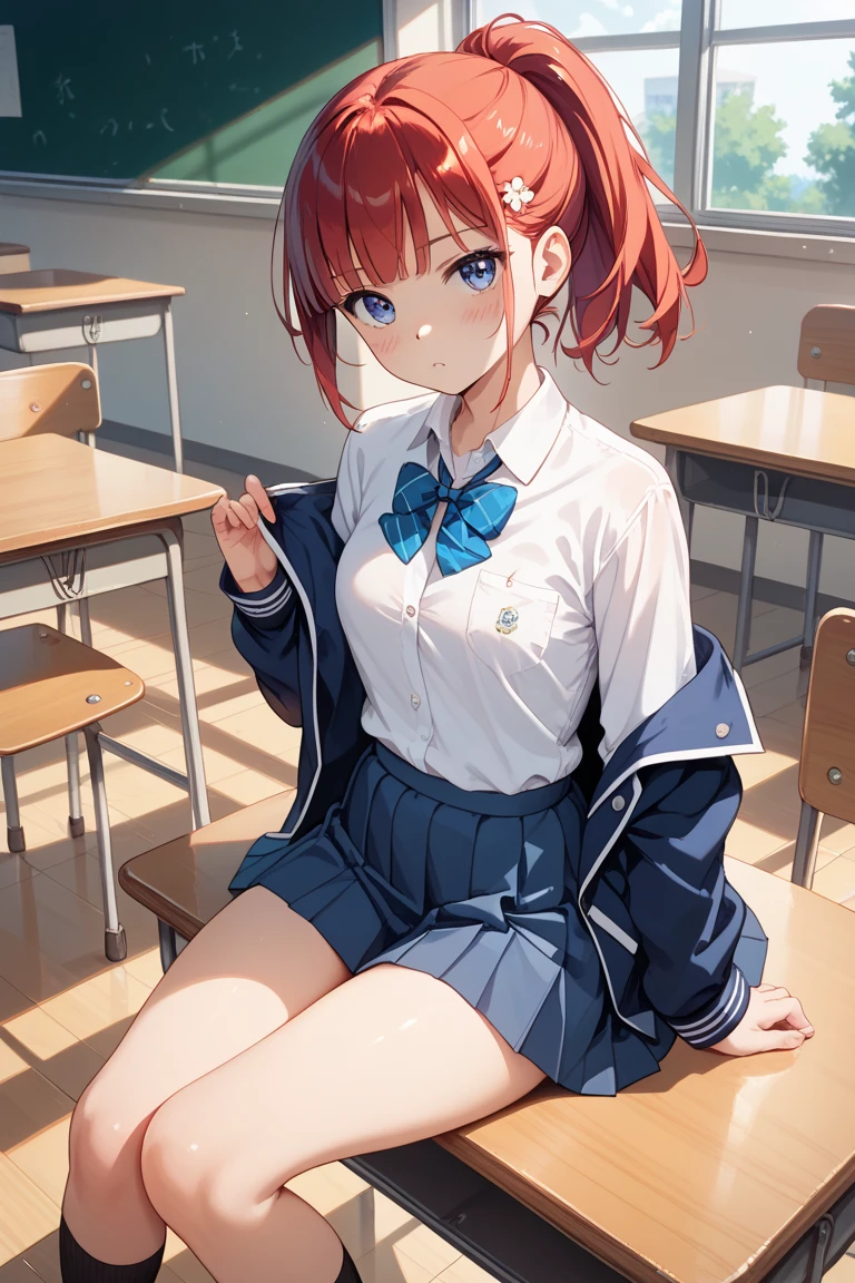 (top-quality、in 8K、32K、masterpiece、nffsw、超A high resolution、Impresionismo、Photorealsitic:1.2)、Angle from above、High angle、Colossal tits、cowboy shot, detailed faces and eyes、 Inside the classroom、Schools、Evening glow、beauitful face、blurry backround、16-year-old beautiful girl、shinny skin、long、Beautiful red hair、Blunt bangs、Blue eyes、(Scrunchie:1.2)、a sailor suit、Pleated miniskirt、Curve、Stand on one knee、(I can see panties:1.2)、Smile with open mouth、Opening legs、