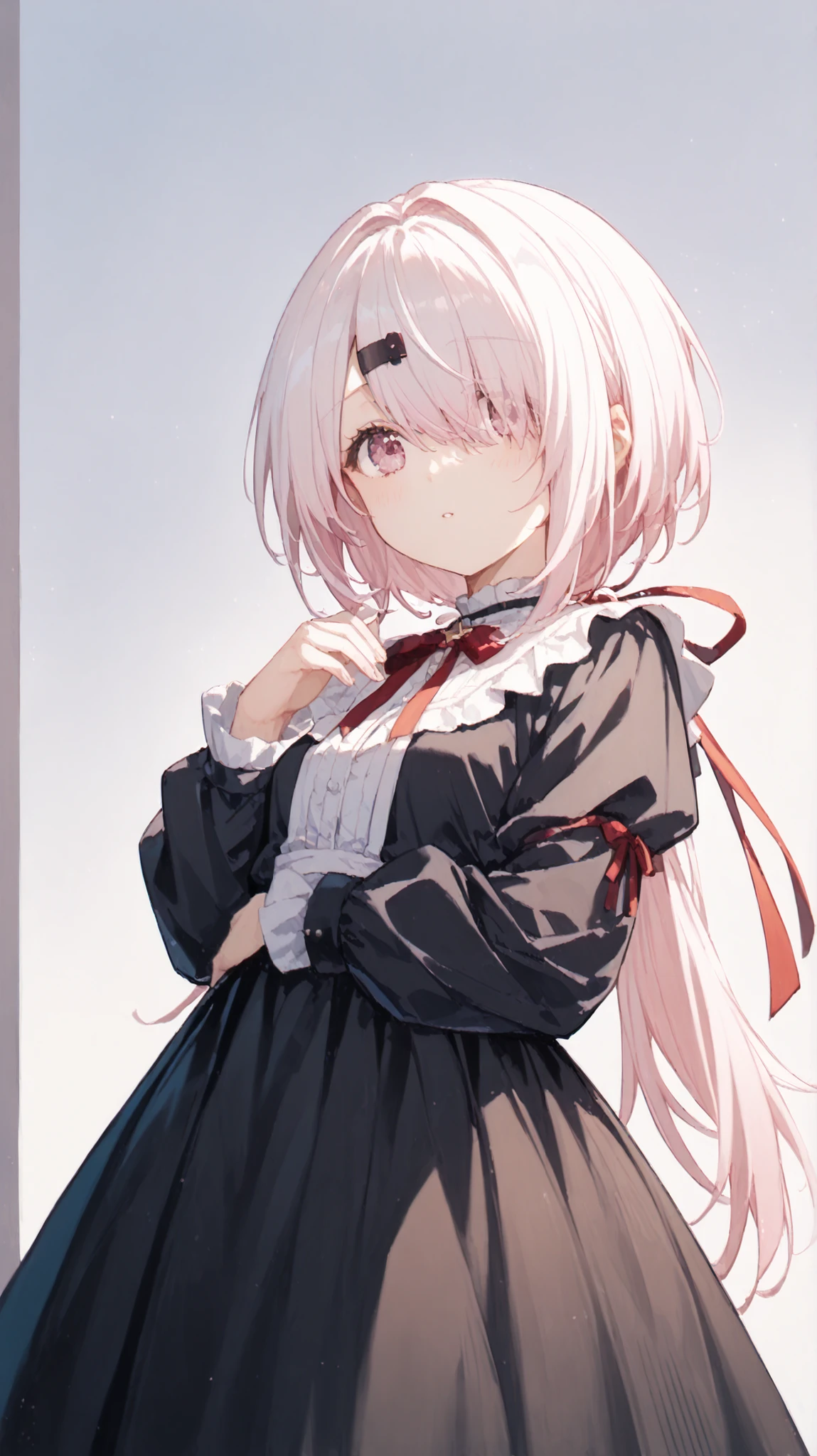1girl, sy1, pink eyes, purple eyes, pink hair, white hair, hair between eyes, hair over one eye, long hair, ponytail, low ponytail, hairclip, hair ornament, ribbon, red ribbon, hair ribbon,gothic maiden,黒いフード,a black dress,腰にベルト,((日本アニメイラスト)),((日本アニメオフィシャルスタイル))