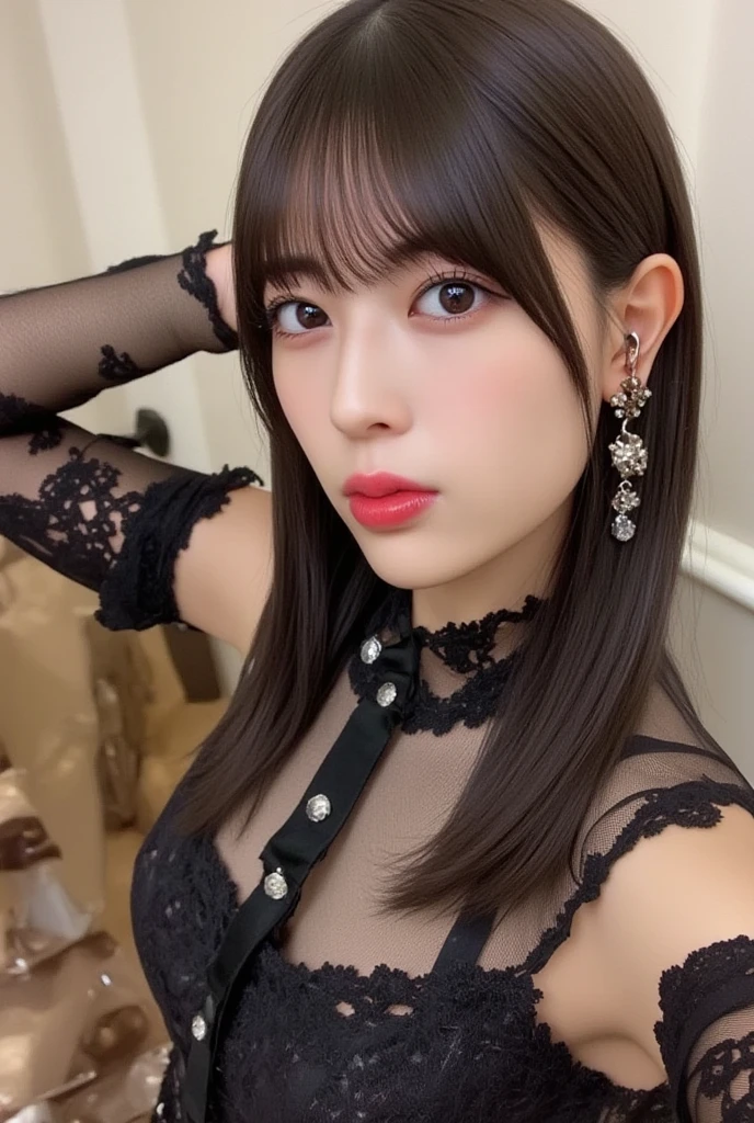 black hair, hair bobbles, longeyelashes, solid circle eyes, light smile, mole under eye, heart earrings, light smile, shy, puckered lips, Surrealism, drop shadow, stereogram, pov, atmospheric perspective, depth of field, first-person view, f/1.8, 8k, super detail, ccurate, best quality, highres, best quality,short cut hair, (beautiful detailed makeup), (sexually aroused blushing heavy breathing:1.0), (soft glow bloom:0.5),mole under eye:1.4,from the thighs up:1.4,smile:1.2,((Queen:1.4)),((princess outfit:1.4)),