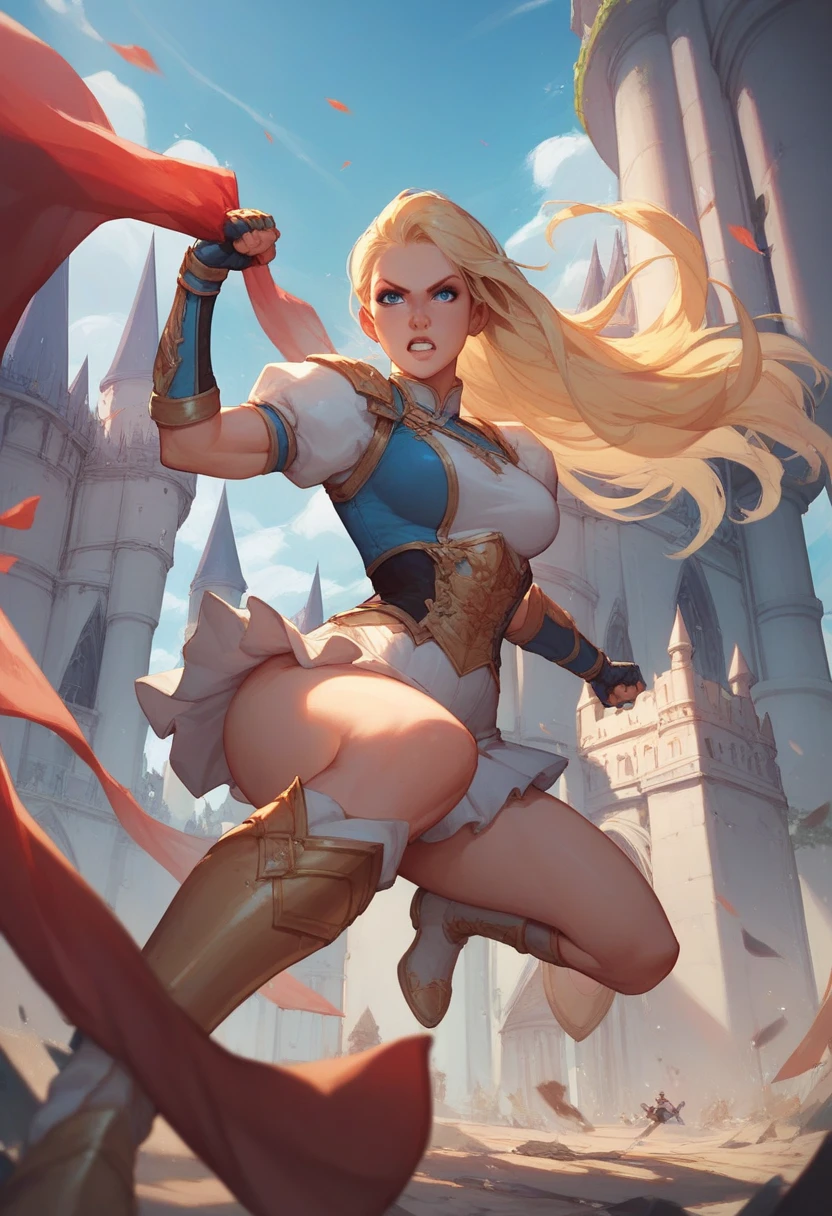 (((8k,Best Quality)), Masterpiece, outdoor, girl, holding sword, dynamic pose, gauntlet,  feet out of frame, looking at viewer, female, variety of hair styles, variety of hair colors, (cropped shoulders), ((highleg leotard)), solo, ((gauntlets)), ((greaves)), loincloth, bare shoulders,  belt pouch, long puffy sleeves, blurry background, dutch angle, thong,