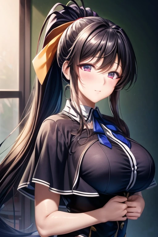 (masterpiece:1.2), best quality, high resolution, unity 8k wallpaper, (illustration:0.8), (beautiful detailed face:1.2, beautiful detailed eyes:1.2), perfect lighting, extremely detailed CG, (perfect hands, perfect anatomy), 

Cute, beautiful, charming lady, shiny hair, lustrous skin, beautiful light big eyes, 
milf, married woman, soft With a gentle appearance and a gentle mother-like atmosphere,

akeno_a, black hair, long hair, very long hair, ponytail, hair ribbon, ribbon, purple eyes, large breasts,capelet, neck ribbon, black ribbon, shirt, long sleeves, black corset, red skirt,
