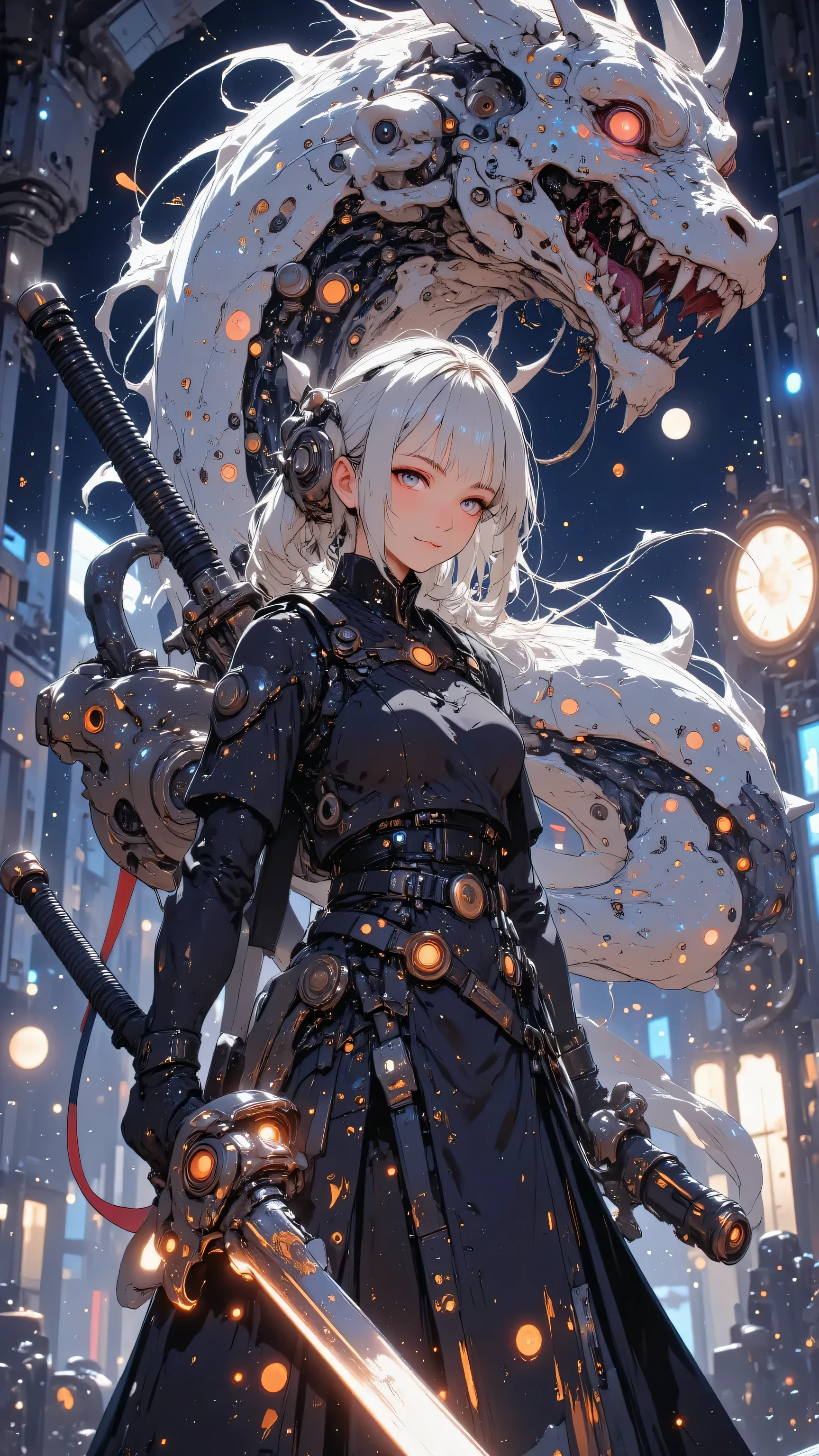 A female cyborg with a mechanical dragon head arm, her expression intense and focused, holding a colossal, intricately designed giant katana with a glowing edge, poised as if ready for an imminent strike. Her form is a perfect symbiosis of organic tissue and futuristic machinery, her advanced gear shimmering with neon highlights. Behind her stands a towering robot in a nebula of swirling stardust, its mechanical skeleton marked by scars from ancient space battles, with debris of defeated machines and abandoned metal floating weightlessly around it. Dramatic lighting casts a surreal glow, illuminating delicate, glowing petals of spiritual energy drifting gracefully, contrasting the serene cosmic beauty with the robot's steadfast strength. In the distance, crystalline ice asteroids gleam, lending elegance to the scene. The robot's shoulder is adorned with a flowing white ponytail and a striking red scarf dancing in the vacuum. In the background, a mechanical dragon materializes from interconnected energy fragments, its articulated wings inspired by samurai spaceship designs, depicted in stunning 8K resolution with elaborate metallic details, stardust, and a starry sky, its radiant aura guarding the scene.