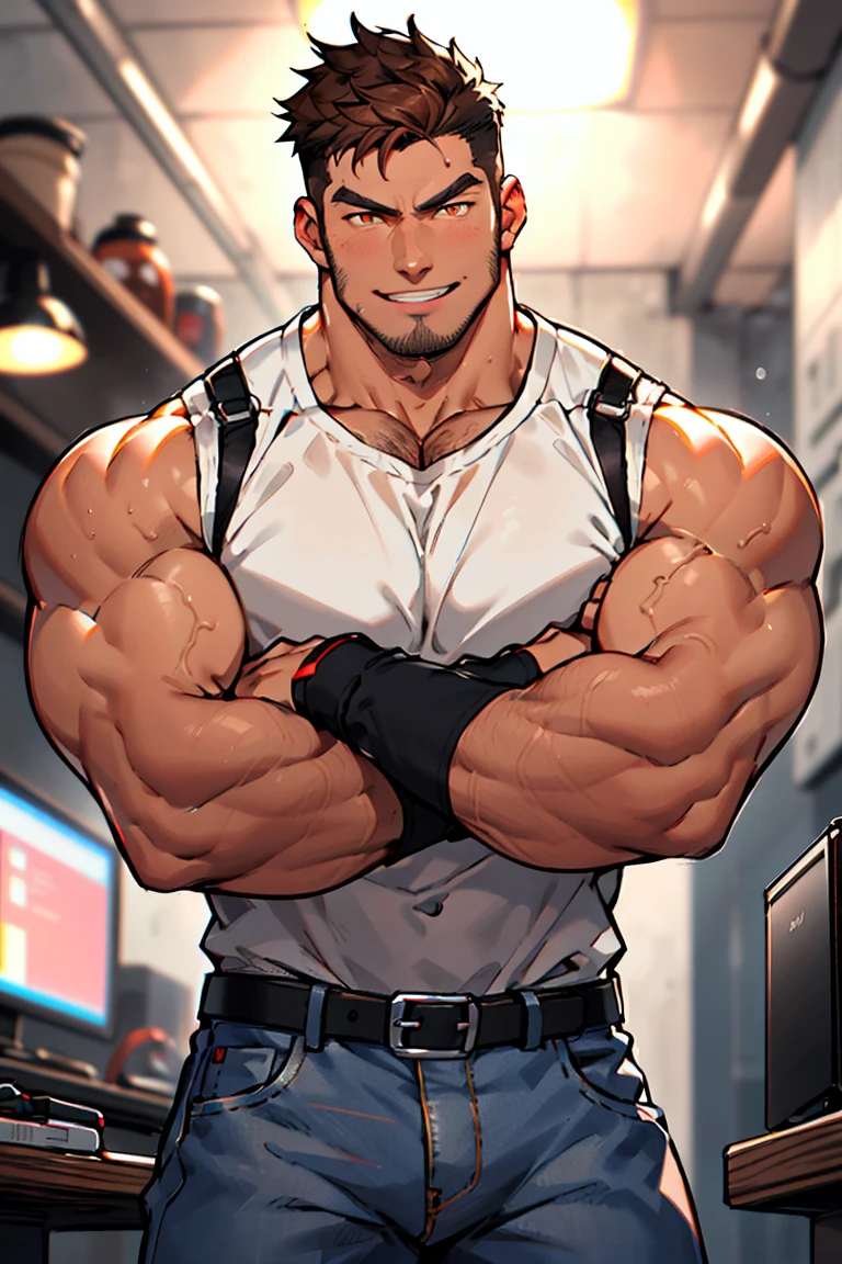 1 male,Handsome,Tall stature,muscle,Black briefs,belt,Sexy body,Naughty smile,Glowing skin,Incredibly sexy,Sweat,blond,smile,masterpiece