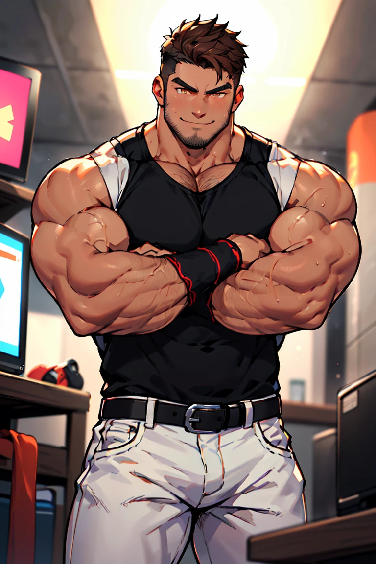 Ash Ketchum from Pokémon sitting on a weight bench with shoulders slumped. Sweating. Wearing a bulging jockstrap. Staring blankly as he listens to hypnotic subliminals through headphones. Monitors mounted on the walls around him display pulsing spirals to keep him in trance as he assimilates with other meatheads and becomes a big dumb bodybuilder football jock. Open mouth. IQ drain. Dumber. Hypnosis. Trance. Brainwashing. Digital painting. Anime. Hyper swollen bulging crotch. Big muscles. Big traps. Big biceps. Big triceps. Broad shoulders. Big meaty hyper pecs. Bro. "I have to resist. Have to ... break free.... Have to ... have to..... I ... m-must.... I ... must...." Speaking in a dull monotone as he falls into trance. "Listen, ... repeat, ... conform, ... obey.... I ... I am sweaty. ... I am horny. ... I am sexy. ... I am dumb.... I'm just a mindless.... I'm just an empty, ... stupid, ... strong jock.... Sweat out smarts.... Be a meathead.... Listen, ... repeat, ... conform, ... obey, ... assimilate...." Brute. Dumber and dumber. Mindless. Brainless. Musclehead. Hyper muscles. Mouth hanging open. Perspiring. Sweaty. Hypnotic trance. Entranced. Hypnotized. Brainwashed. Brainwashing. Hypnosis. Glowing eyes. Mindless stare.