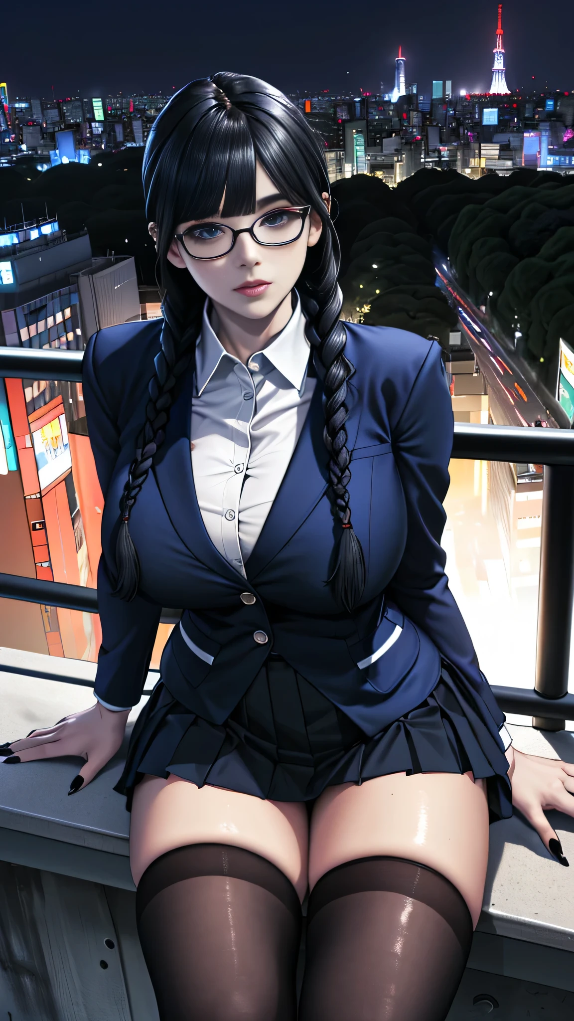 super fine illustration,masterpiece,ultra high resolution , best quality, accurate human body,Perfect proportions,all Super Details,Anatomically correct,(((From the thigh up,from above,shiny skin,sharp face,clear eyes,pale_skin,glasses))),(Natural Skin Texture ,Beautiful skin),intricate details,Extraordinary Beauty, 1 woman,adult woman,25 years old,sadako,((extremely cute and beautiful face:1.2)),(beautiful detailed blue_eyes:1.5),(((gigantic breasts,hourglass_figure,voluptuous_body,big eyes,Eyelash extensions,long lower eyelashes,very_long_hair,nape))),(black_hair,blunt_Bangs,two_braids,ear piercings,:1.6),(innerwear,dark blue blazer,outerwear,white collared shirt,dark blue pleated skirt,tai,goth,black eyeliner,black eyeshadow,Black nails,black panties,black mascara:1.3),(outdoors,sit on the guardrail,Tokyo,night,crowds:1.5)