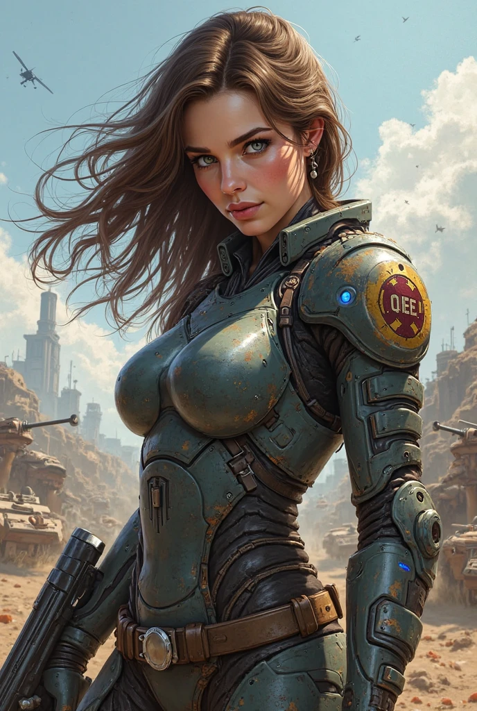 post-apocalyptic art, Madonna, 25 years old, as a beautiful madmax woman in a cybernetic suit, very short light brown hair, green eyes, detailed skin texture, detailed cloth texture, beautiful detailed perfect face, she is in a desert city amid wrecked cars and ruined buildings, intricate sharp details, ultra high resolution, professional ominous concept art by artgerm and greg rutkowski, an intricate, elegant and highly detailed digital painting, conceptual art, soft and sharp focus, illustration, in the style of Simon Stalenhag, Wayne Barlowe and Igor Kieryluk. 