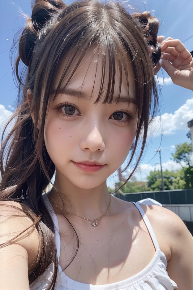 highest quality, face focus, soft light, ultra high resolution, (realistic:1.4), upper body,Raw photo,1 japanese girl, alone, cute, (pupil, light in the eyes), detailed beautiful face,(High resolution details of human skin texture),slim,black hair long straight,(long hair),outdoor,swimsuit,gravure pose、Breast Exposure