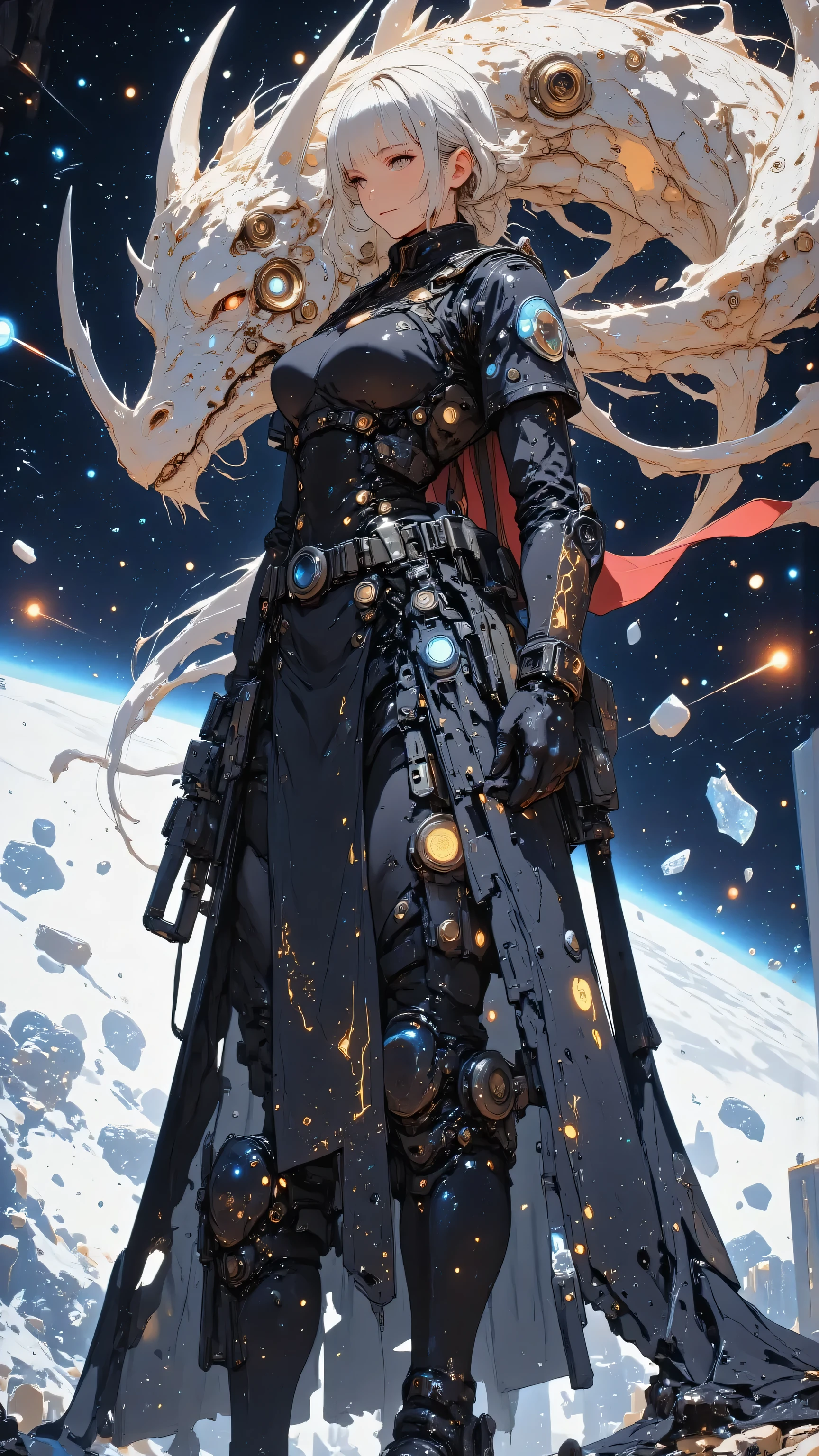 ((she holds a black assault rifle in her hand、With a focused and nervous expression、holds it straight ahead as if she were ready to shoot))、((Upper Body Machine Beauty))、Her((Half of the body is a machine))、((The head of a dragon whose arm is a machine))、((Future equipment)),((Symbiote between mechanical prosthetics and biological tissue)),A towering robot stands proudly amidst a nebula of swirling starDust, its mechanical framework is a scar from past space battles Decorated with. debris from defeated machines and discarded metal drifts in zero gravity, illuminated by dramatic lighting. Shining Petals, petals of spiritual energy float gracefully, creating a surreal contrast between the quiet beauty of space and the unchanging strength of robots. A block of ice floats in the distance , A crystalline icy asteroid shines, Adds elegance to the scene. An AWPA rifle is mounted on the robot's shoulder, its flowing white horse tail and bright red scarf rolling through a vacuum. Background, a mechanical dragon appears from interconnected energy fragments, its articulated wings are inspired by samurai spacecraft designs, drawn in amazing 8K resolution along with fine metal details, Dust, and the starry sky.