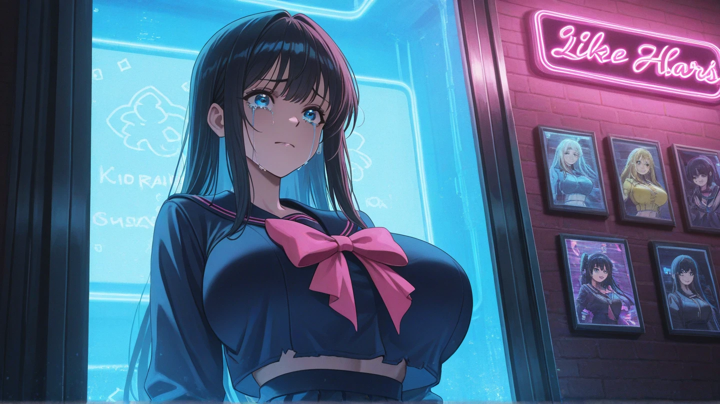 Illustration of a beautiful junior high school girl with glasses and long straight black hair wearing a bra (light pink) for the first time with a sense of excitement while changing, full-body anime style.