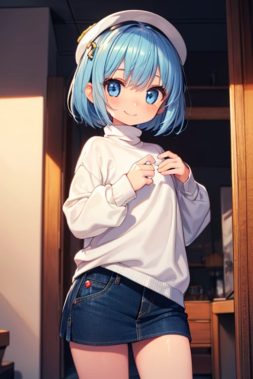 masterpiece,highest quality,High resolution ,1 girl,rem, re zero, blue hair, short hair,straight hair, ((thin)),big breasts,white skin,sweater(Uncool),Colorful sweater,Sweater with a strange pattern,clothing:sweater only,more_detailed:-1, more_detailed:0, more_detailed:0.5, more_detailed:1, more_detailed:1.5,bags under eyes,smile, embarrassed face,