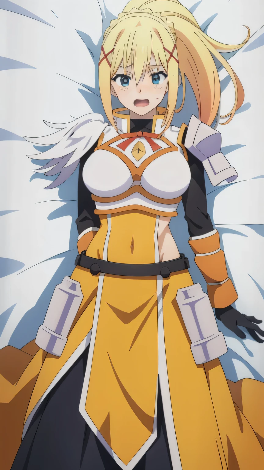 {{{masterpiece}}}, (best quality:1.5), (ultra-detailed:1.5), {illustration}, {{an extremely delicate and beautiful}}, (beautiful detailed eyes:1.6), absurdres, highres, extremely detailed face, 16k, hd, visual anime de uma jovem mulher, extremamente bonito rosto de anime, anime melhor garota, (perfect hands, perfect anatomy), anime face, darkness (konosuba), 1girl, solo, cute face, long hair, blonde hair, braid, ponytail, x hair ornament, bangs, sidelocks, blue eyes, square face, round chin, tall of a person, breasts, large breasts, big hips, curvaceous, BREAK, armored dress, white armor, breastplate, shoulder armor, pauldrons, yellow dress, red ribbon, wrist guards, black gloves, brown belt, black skirt, long skirt, (yellow pelvic curtain:1.2), yellow loincloth, long waist armor, white boots, BREAK, whole body, lying, on back, open mouth, embarrassed, naughty expression, embarrassed, flushed cheeks, looking at viewer, on the bed, Dakimakura, CarnelianDakimakura