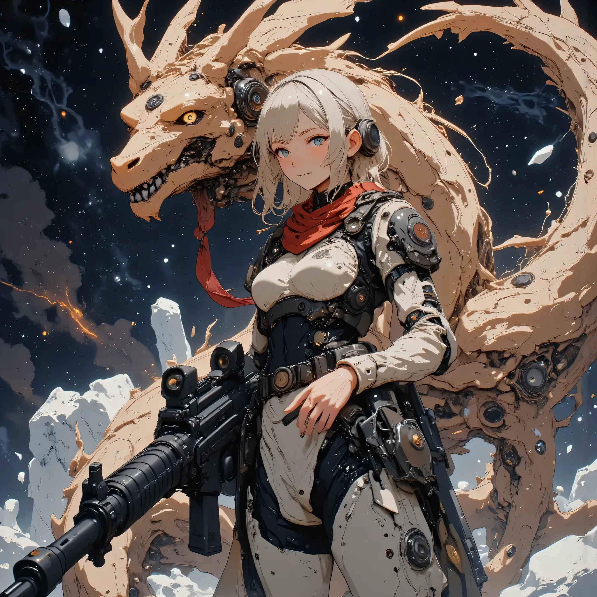 Huge gun、Hold a gun in front、((she holds a black assault rifle in her hand、With a focused and nervous expression、holds it straight ahead as if she were ready to shoot))、((The head of a dragon whose arm is a machine))、((Future equipment)),((Symbiote between mechanical prosthetics and biological tissue)),A towering robot stands proudly amidst a nebula of swirling starDust, its mechanical framework is a scar from past space battles Decorated with. debris from defeated machines and discarded metal drifts in zero gravity, illuminated by dramatic lighting. Shining Petals, petals of spiritual energy float gracefully, creates a surreal contrast between the quiet beauty of space and the unchanging strength of robots. A block of ice floats in the distance , A crystalline icy asteroid shines, Adds elegance to the scene. An AWPA rifle is mounted on the robot's shoulder, its flowing white horse tail and bright red scarf rolling through a vacuum. Background, a mechanical dragon appears from interconnected energy fragments, its articulated wings are inspired by samurai spacecraft designs, drawn in amazing 8K resolution along with fine metal details, Dust, and the starry sky.A mechanical dragon that looks like an aura behind it is guarding