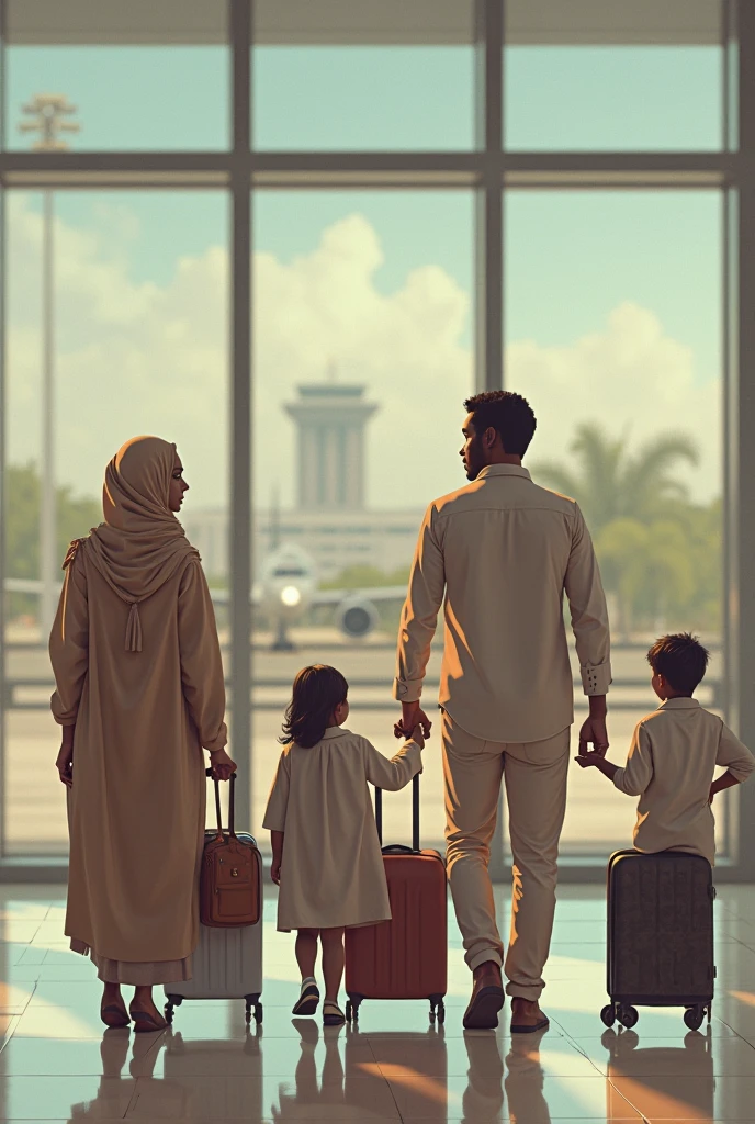 A high-resolution full HD photo captures a touching moment of a young Indonesian couple, both 30 years old, accompanied by their two sons, aged 5 years, and their daughter, aged 3 years. The family stood together, a sense of togetherness was evident within them. their smiles and body language. In the foreground, a suitcase symbolizes their journey. Behind them, there was a sign that read "Welcome to Indonesia, goodbye United Arab Emirates," which marked their movement from one country to another. airport.