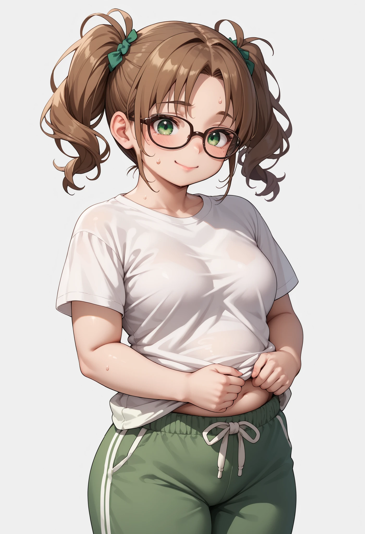 source_anime ,score_9, score_8_ up, score_7, ((White background)) ((japan woman)) ((1girl)) (solo girl) ,30 years old, rathing_questionable (White over size t-shirt:1.4) (green sweatpants:1.2), green eyes , (green tied in a double ponytail) ,(Brown cat glasses) ((small breasts:0.8)) , ((Chubby figure:0.8)) happy