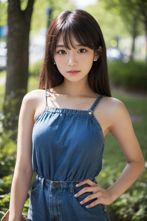 (Best-quality, Masterpiece, Ultra-High-Resolution, (Photorealistic:1.4), Raw Photo, depth of field, professional lighting, perfect anatomy, extremely details, perfect body, perfect hands, perfect fingers), 1girl, 15-years-old, the most famous Japanese idol, cowboy shot, at amazingly beautiful park, ((wearing casual dress with cute-design)), (extremely cute face like the most popular Japanese idol, ((extremely cute and extremely big eyes)), extremely cute hair, extremely beautiful skins), extremely cute cheeks, extremely cute long-eyelashes, extremely cute lips, looking at viewer, innocent smile, detailed amazingly-beautiful-park