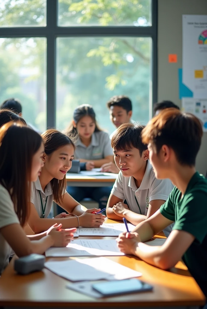 Four children at school, Two men and two women doing their homework, looking happy
