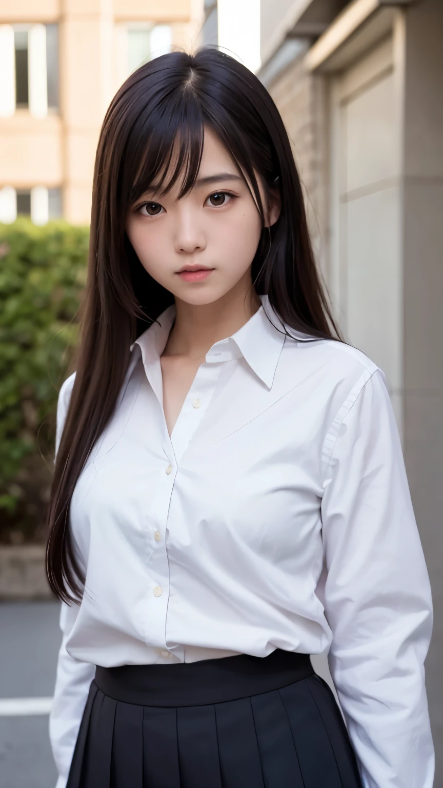 pedestrian walkway，RAW photos，8k，HighestQuali， Ultra-high resolution，Beautiful face details，Real human skin，Blushing and shy expression，leaning-forward，up front view，From the angle below，Long hair with a shawl，realisticlying，realisticlying，adolable，short  skirt，Stand deep in the city，cute female student，Japanese  uniform，Wearing a Japanese ，Uniforms，Surreal high school girl，full bodyesbian，