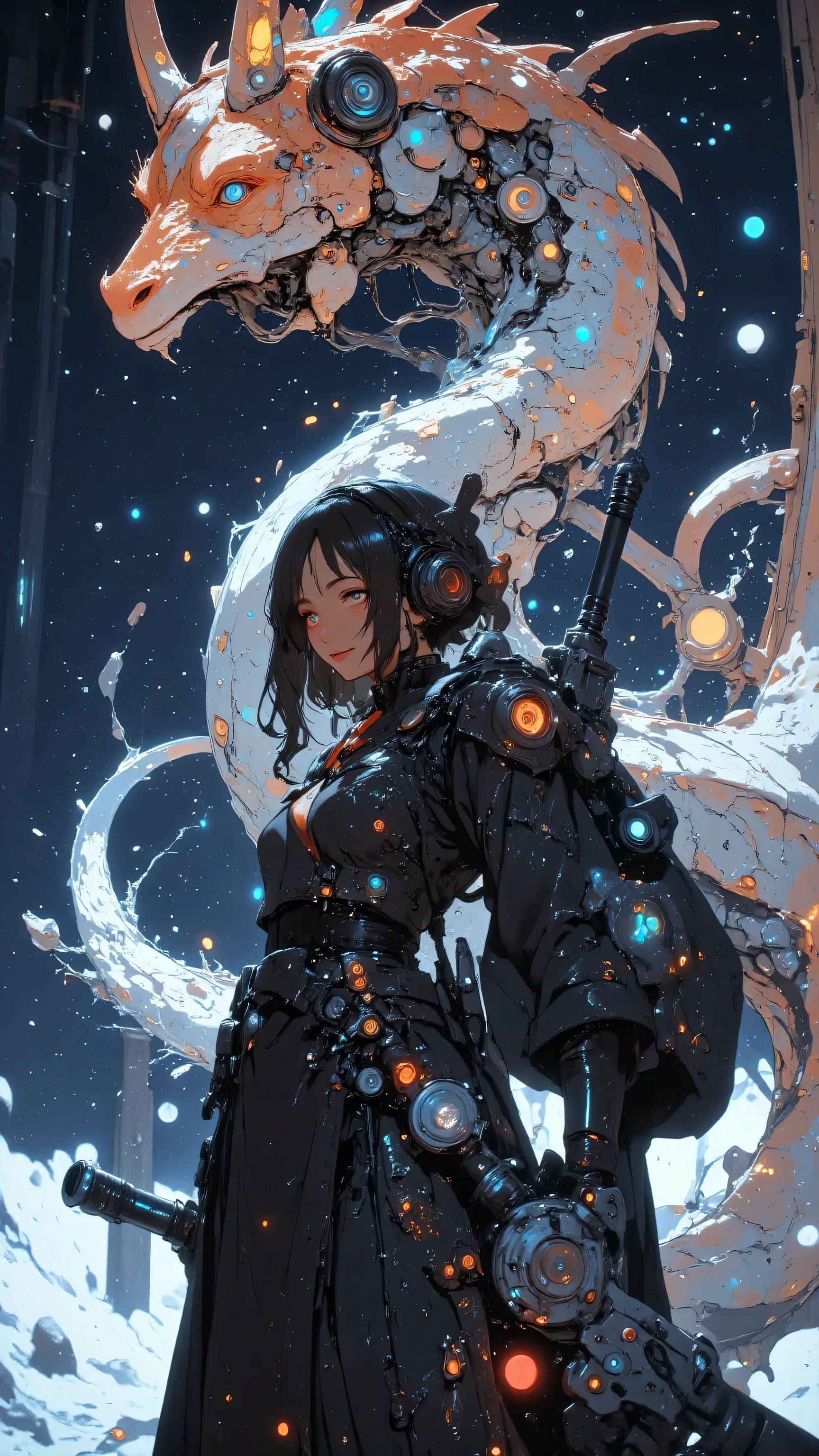 Her half body is a machine、((The head of a dragon whose arm is a machine))、((Future equipment)),((Symbiote between mechanical prosthetics and biological tissue)),A towering robot stands proudly amidst a nebula of swirling starDust, its mechanical framework is a scar from past space battles Decorated with. debris from defeated machines and discarded metal drifts in zero gravity, illuminated by dramatic lighting. Shining Petals, petals of spiritual energy float gracefully, creates a surreal contrast between the quiet beauty of space and the unchanging strength of robots. A block of ice floats in the distance , A crystalline icy asteroid shines, Adds elegance to the scene. An AWPA rifle is mounted on the robot's shoulder, its flowing white horse tail and bright red scarf rolling through a vacuum. Background, a mechanical dragon appears from interconnected energy fragments, its articulated wings are inspired by samurai spacecraft designs, drawn in amazing 8K resolution along with fine metal details, Dust, and the starry sky.