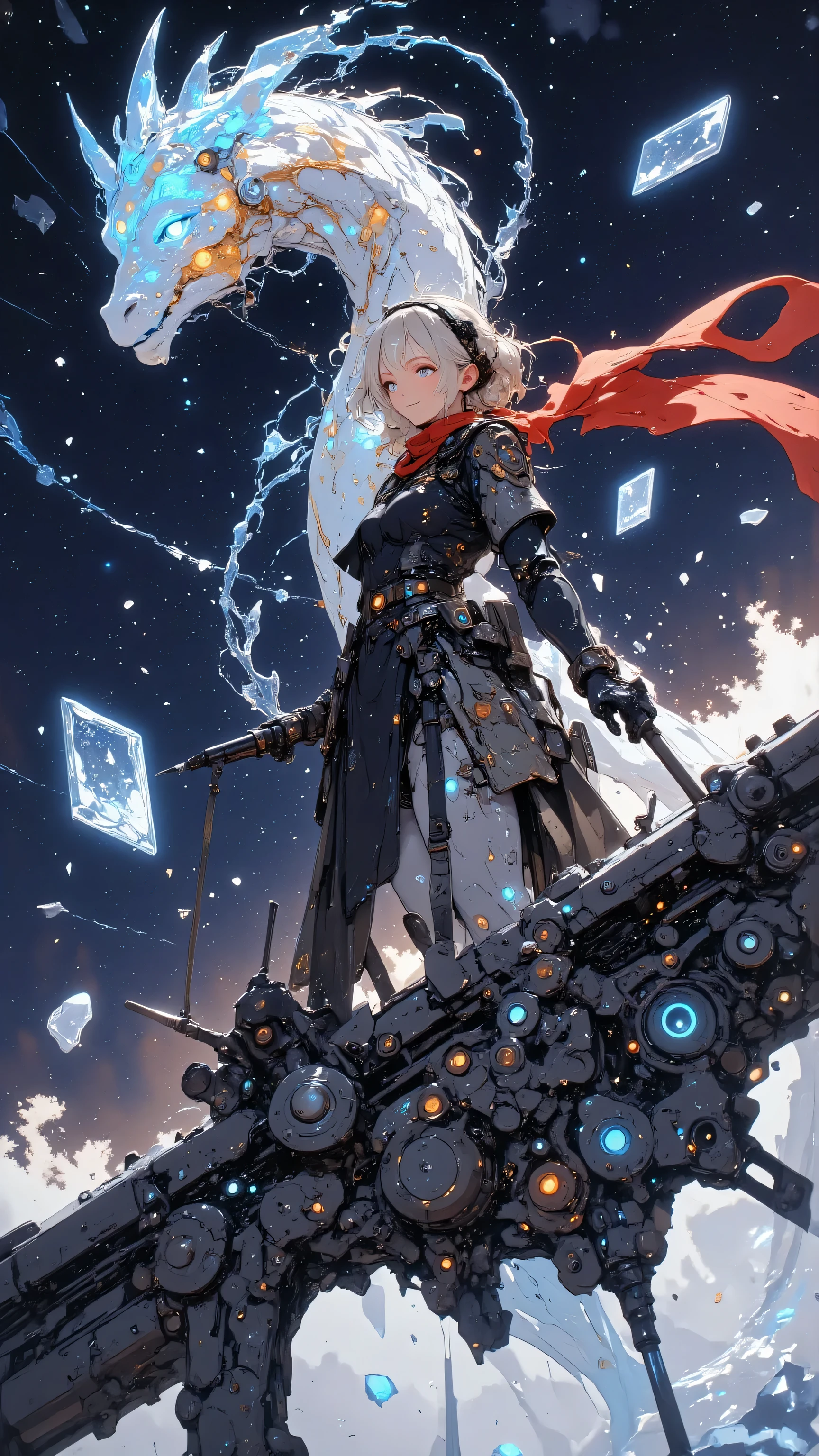 Her half body is a machine、((The head of a dragon whose arm is a machine))、((Future equipment)),((Symbiote between mechanical prosthetics and biological tissue)),A towering robot stands proudly amidst a nebula of swirling starDust, its mechanical framework is a scar from past space battles Decorated with. debris from defeated machines and discarded metal drifts in zero gravity, illuminated by dramatic lighting. Shining Petals, petals of spiritual energy float gracefully, creates a surreal contrast between the quiet beauty of space and the unchanging strength of robots. A block of ice floats in the distance , A crystalline icy asteroid shines, Adds elegance to the scene. An AWPA rifle is mounted on the robot's shoulder, its flowing white horse tail and bright red scarf rolling through a vacuum. Background, a mechanical dragon appears from interconnected energy fragments, its articulated wings are inspired by samurai spacecraft designs, drawn in amazing 8K resolution along with fine metal details, Dust, and the starry sky.