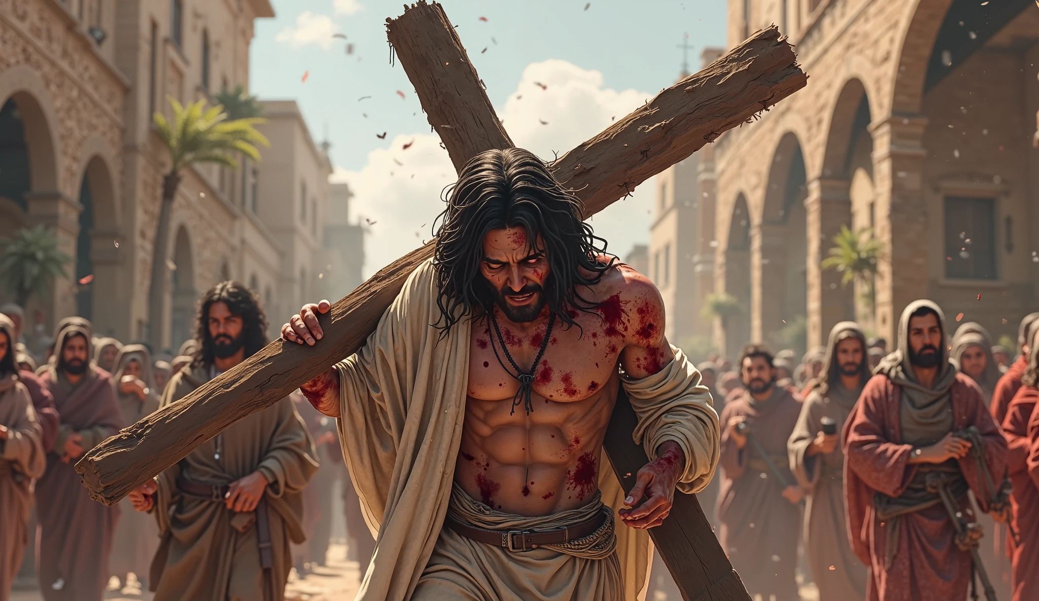 Jesus picking his cros covered in blood