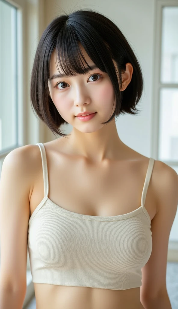 One girl, Fluffy short hair,Black Hair,smile,Inside the room, summer,Wine color,Unbutton it,Tank top,Bed,sleep,Innocence,Baby Face,6th grade elementary school,Look here,A small cleavage on the chest,transparent, (masterpiece, Highest quality), Soft Light, Structure of the film, Like a movie