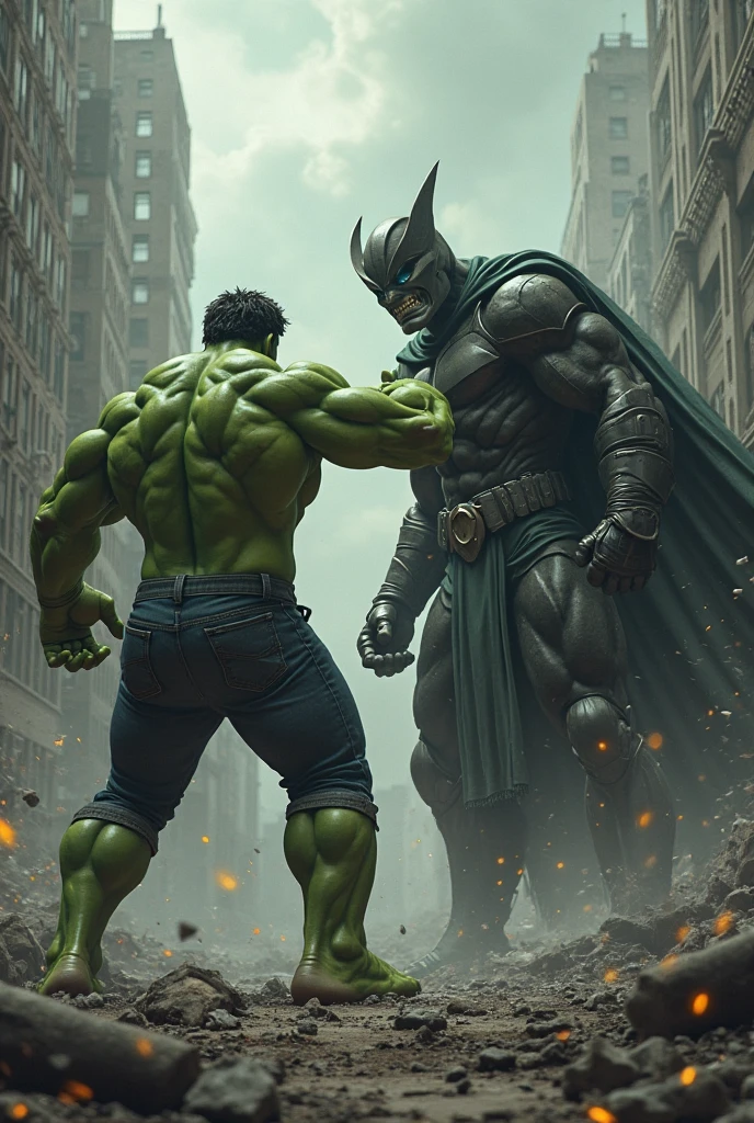 Generate a image of RDJ as doctor doom fight with hulk