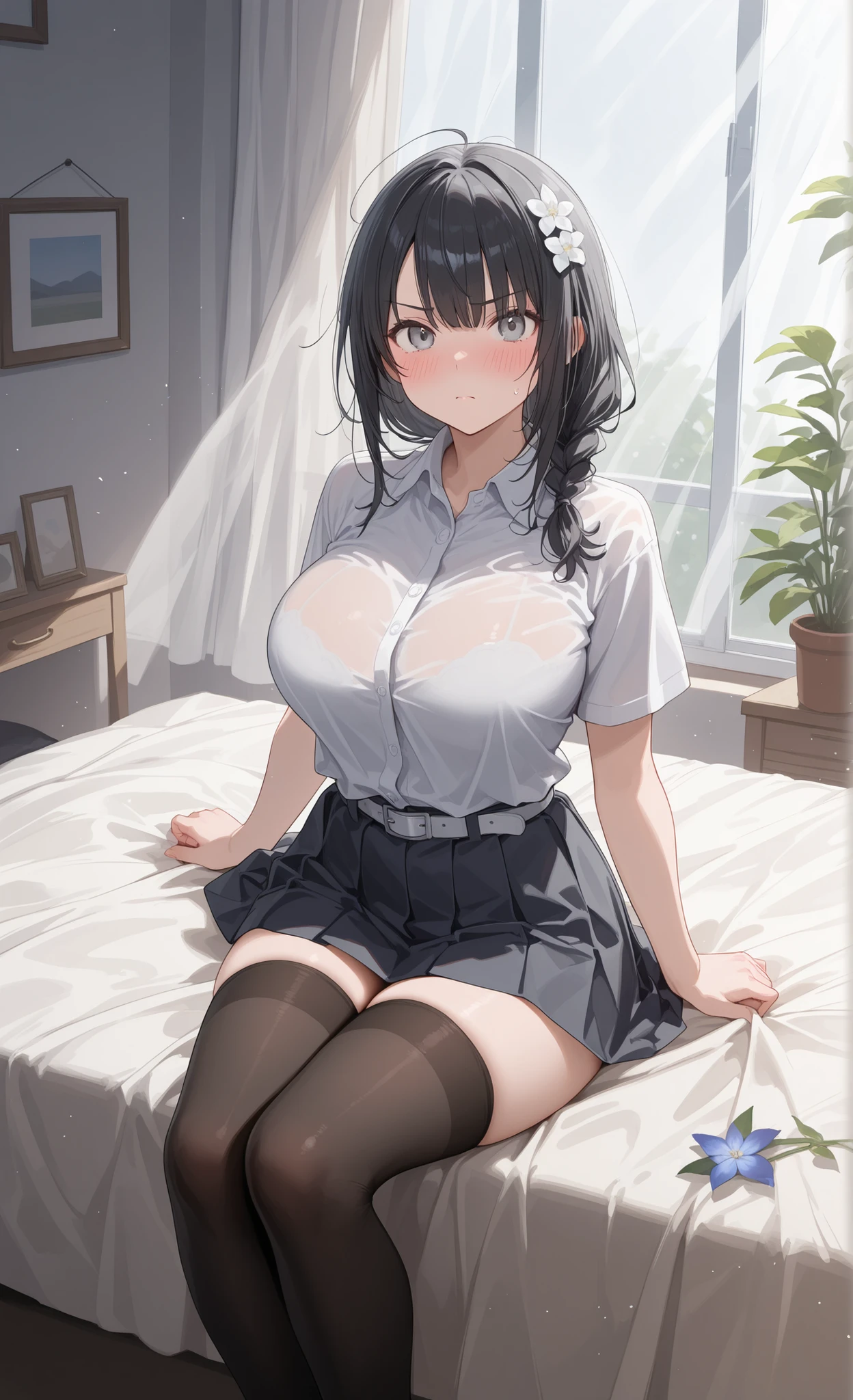 1 girl, glasses, lying on back, closed eyes, (slim body:1.2), (huge breasts:1.3), (slender legs:1.1), black hair, short hair, white long sleeve shirt, pleated skirt, (black tights:1.1),