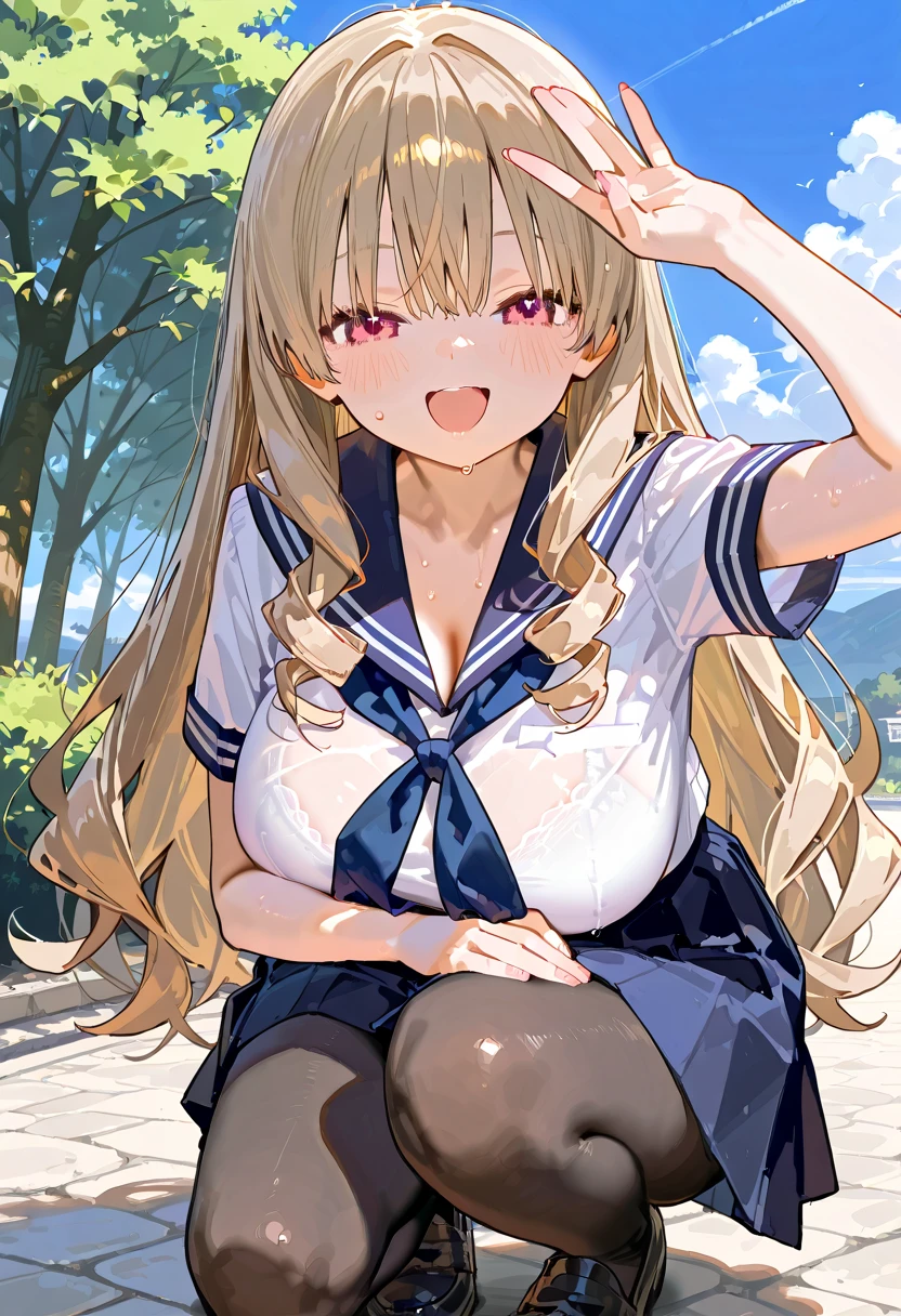 Highest quality,masterpiece, Highest Resolution, nsfw, 1 girl, sailor uniform, topless, huge breasts,pink nipple, belly button,outdoor, blush, standing, horse ears, horse tail