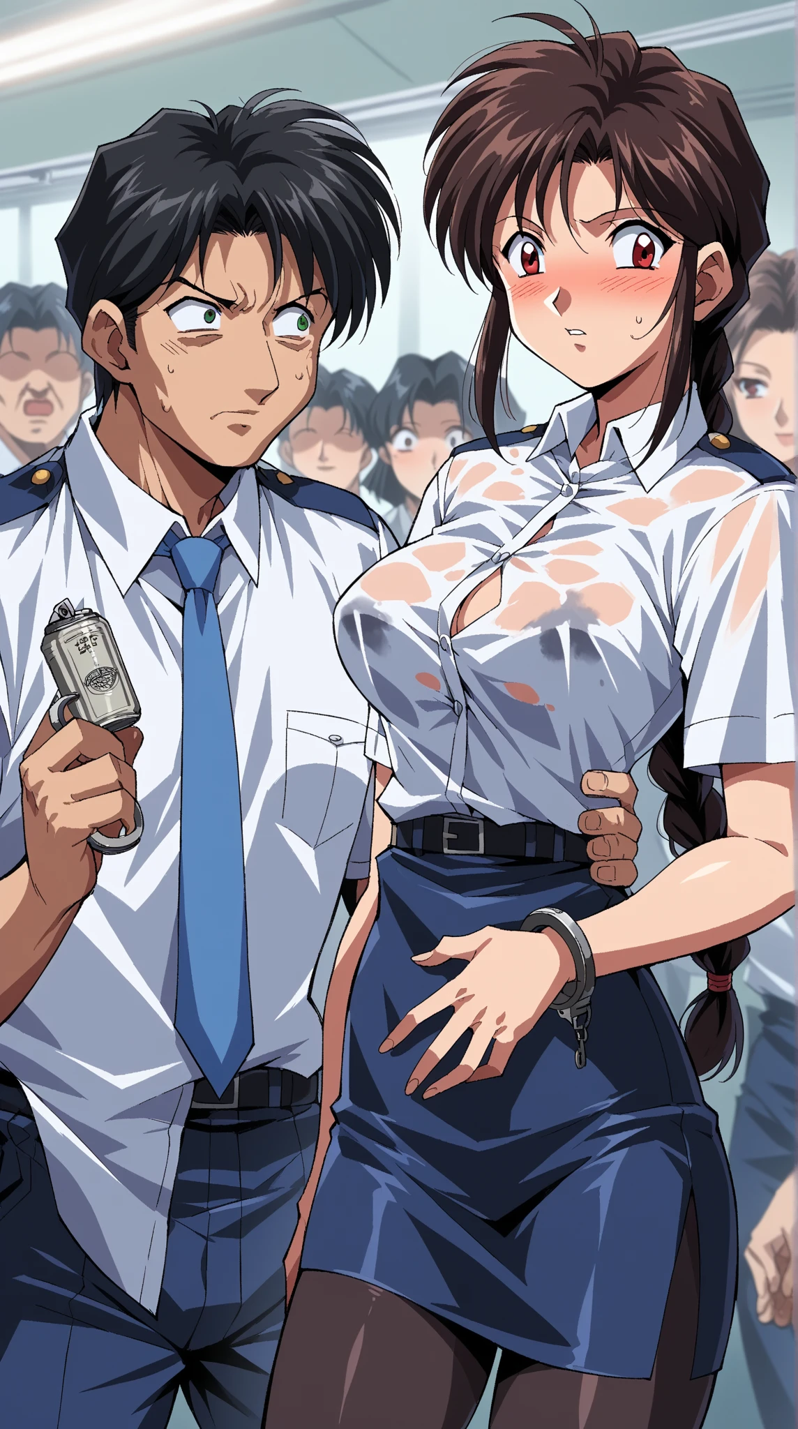((A Japanese Mature Lady、Policewoman、5６age、Naked Women))、SFW, ultra gigantic 、pubick hair、teats、Realistic, masutepiece, VERY crowded subway train interior detailed scenario, VERY crowded subway train interior detailed background, standing hot (woman 1) Wear a sexy uniform, (Big ass), (thick thigths), (fear expression), blushed face, a muscular man playing with woman from behind 1,(((tall muscular man pressing his chest on woman 1 back))) with  the (((holding her waist from behind)))、(((Grabbing a woman's breasts from behind)))、(((Licking a woman's ears from behind)))