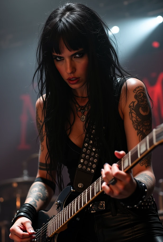 Sexy rocker woman with white skin, blue eyes, long black hair, playing matte black electric guitar on stage, Whole body, perfect body, leather clothing but showing bare breasts, {{{masterpiece}}}, {{{best quality}}}, {{ultra-detailed}}, {cinematic lighting}, {illustration},
