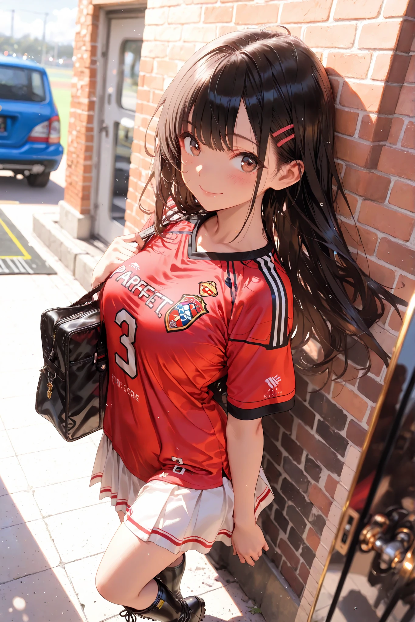 masterpiece,high score,great score,absurdres,year 2025,safe,1girl,perfect body,looking side,smile,white long tulle skirt,white zipup boots,red soccer jersey,oversized jersey,a luxury brand shoulder bag,stand against the brick wall,full_shot,front view,dynamic_angle,depth of field,