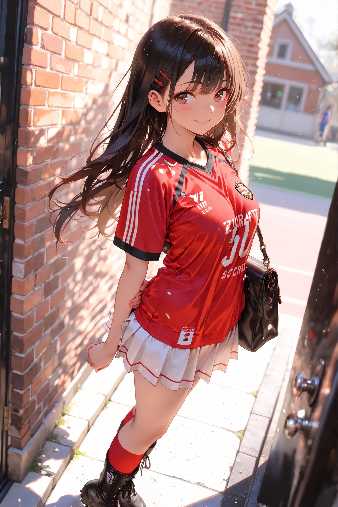 masterpiece,high score,great score,absurdres,year 2025,safe,1girl,perfect body,looking side,smile,white long tulle skirt,white zipup boots,red soccer jersey,oversized jersey,a luxury brand shoulder bag,stand against the brick wall,full_shot,front view,dynamic_angle,depth of field,