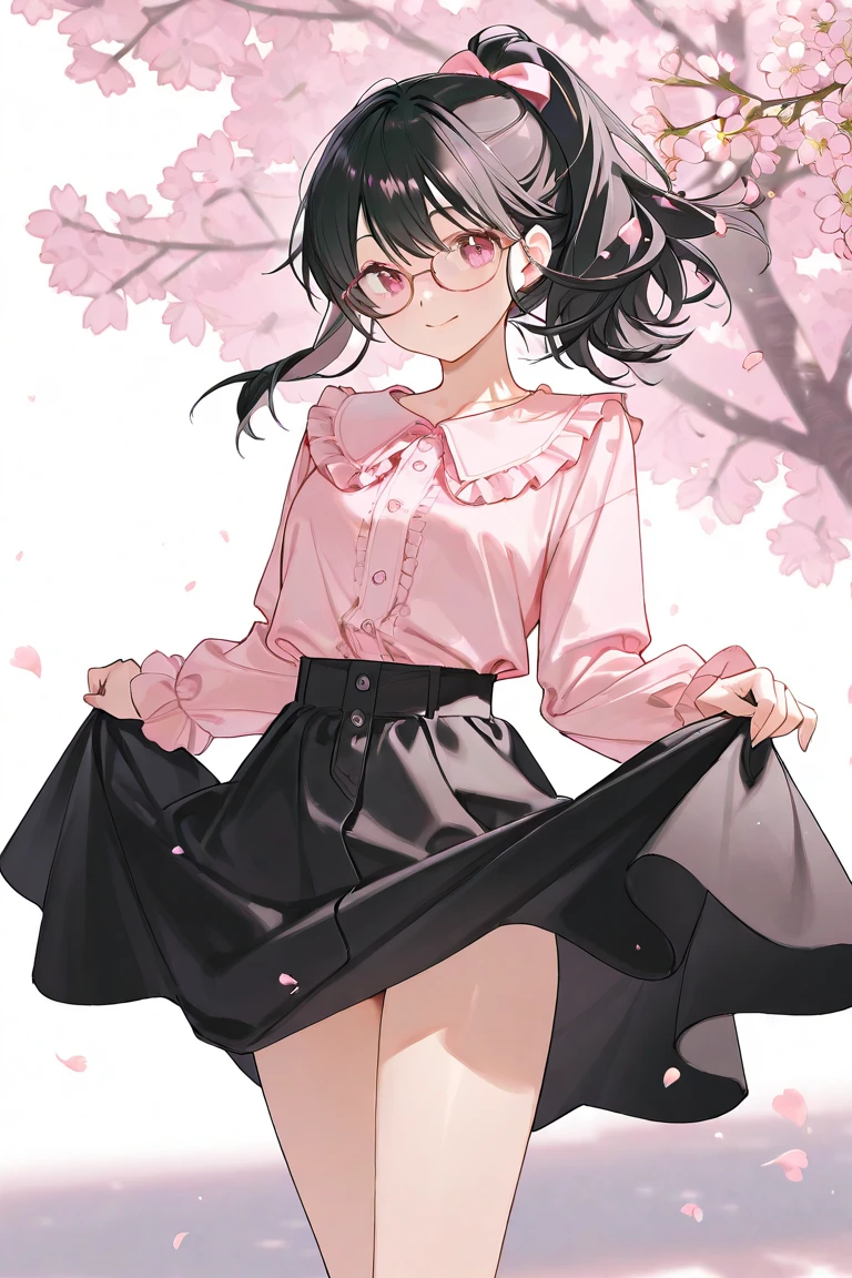 Highest quality、masterpiece、High sensitivity、High resolution、Detailed Description、Slender women、Glasses、The skirt seems to turn up、Protect with your hand、