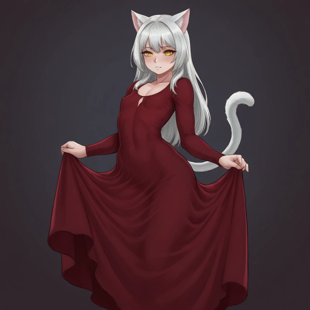 Neat long dress, (itchy crotch), steamy breath