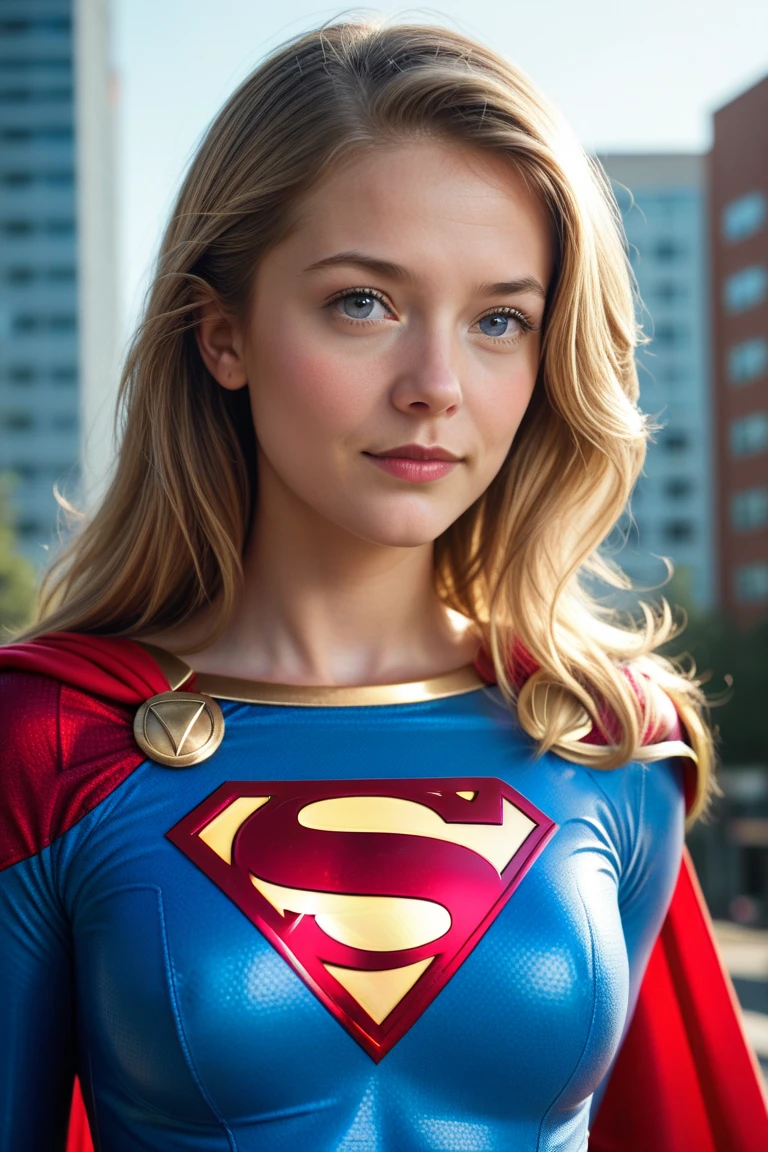 summer77 es Supergirl, Cabello largo y rubio, agotador (animadora supergirl, sin capa, top corto, minifalda plisada),saltando, Muy detallado, art station, liso, sharp focus, 8k, fotorrealista, super detail, recuperar la cara