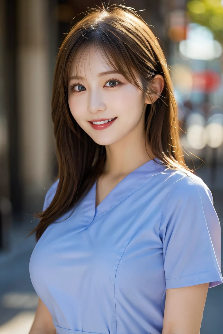 highest quality、8k wallpaper、Reality:1.4、Cinema Lighting、View your viewers、background:An all-white room、1 beautiful girl、Japanese Idol、18 years old、Beautifully detailed eyes、Detailed face、Beautiful Skin、Slender、Slim waist、Thin legs、Red lipstick、Fancy hairstyle:1.8、Random hair color、Light Hair、Asymmetrical bangs、Japanese nurse outfit、Light blue nurse uniform、smile:1.5、Seductive pose、Large Breasts:2.0、Slim Body:1.5、