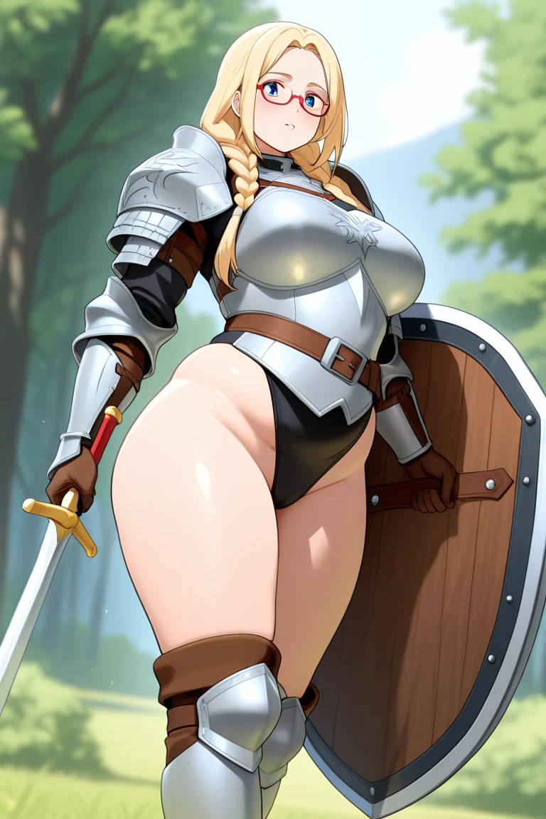 Darkness \(KONOSUBA\), Darkness from KONOSUBA, (wearing no armor Darkness), (((big breasts, big ass, wide hips, thick thighs))), anime style, super detailed, holding hilt of sword, one knee on the ground, catching breath, hot breath, snowy forest background, sword stuck in ground,