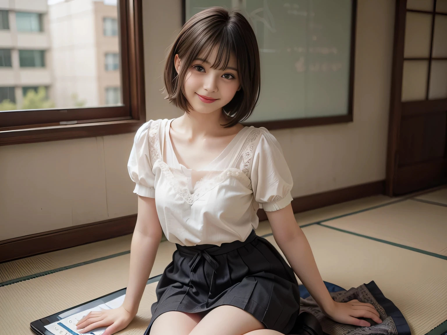 One Girl, short hair,Black Hair,smile,Inside the room, summer,bed,Sit down,T-Shirts,skirt,5th grade elementary school,Small cleavage,Look at this,transparent, (masterpiece, Highest quality), Soft Light, Structure of the film, Information like a movie