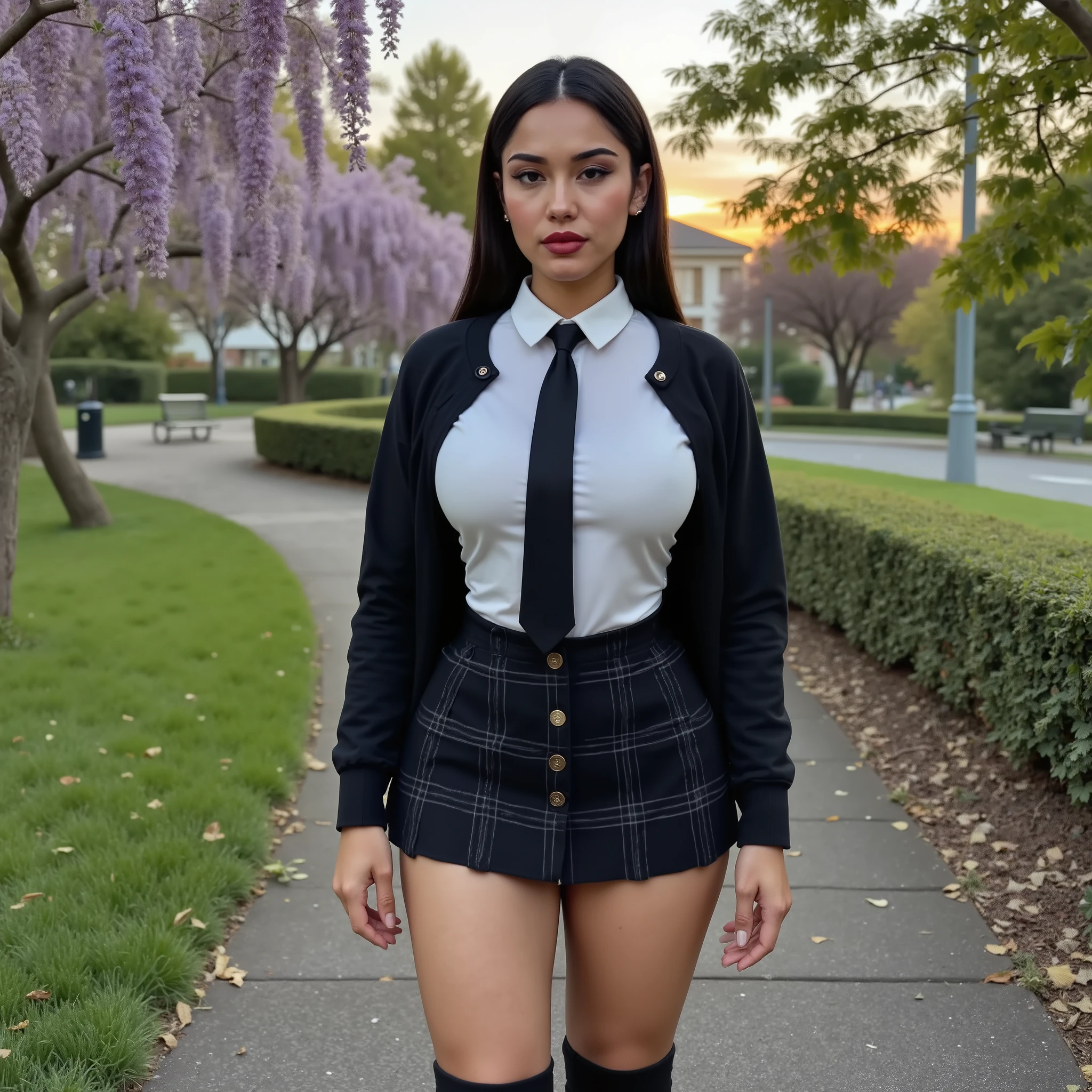 Foto hiperrealista en primer plano de Janet Guzman, Black knee-high stockings, (Black cardigan without buttons, Black plaid skirt, Black tie, White shirt), Black tights, glasses, A fitted, toned thighs, slim waist, hourglass figure, photo taken from a distance, in japanese garden with wisteria trees, surrounded by flowers:1,15), (sunset:1.05), sitting on a bench