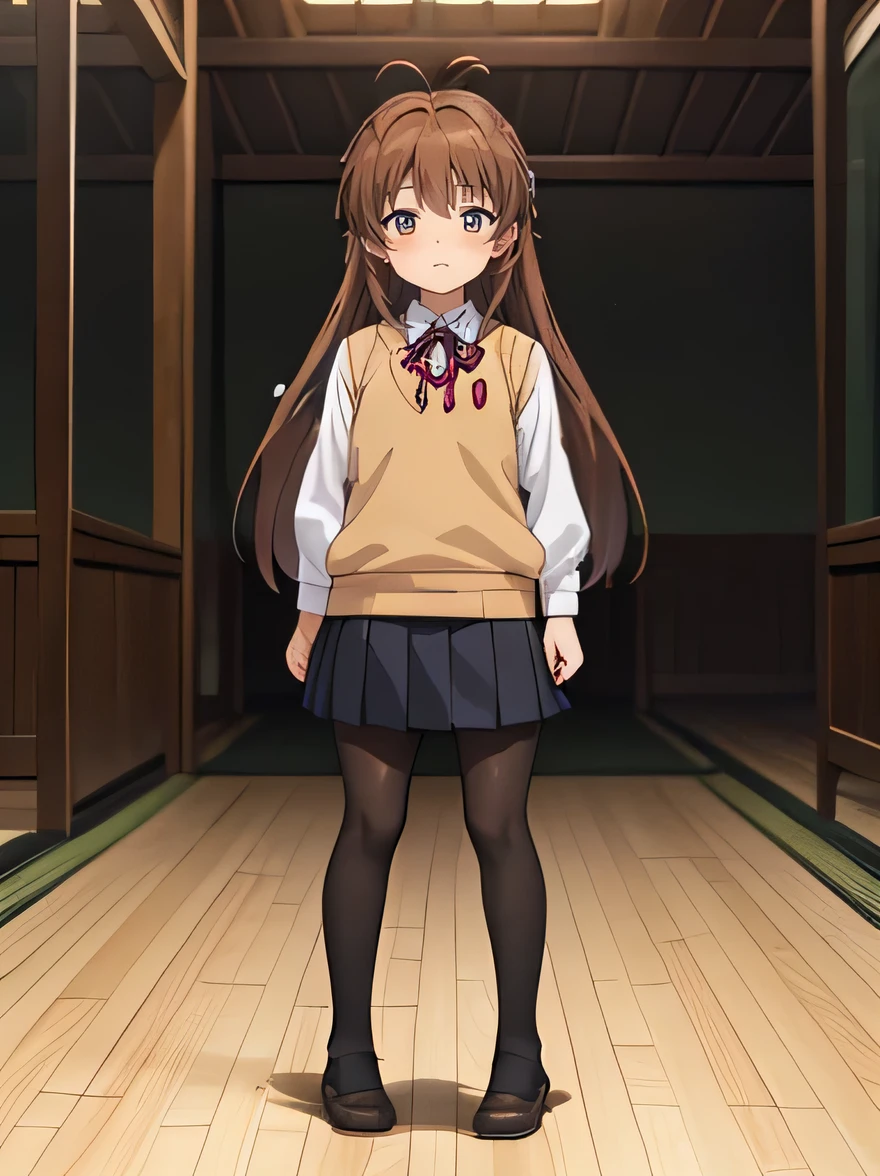 (masterpiece, top quality), EXTREMELY detailed CG Unity 8k wallpaper, high definition, bold composition, masterpiece, best quality, amazing quality, very aesthetic, high resolution, ultra-detailed, absurdres, newest, scenery, depth of field, lighting , artistic composition screencap, flat anime, 1 girl, Japan, come to stand at attention, view from front, nonkomari, dwarf, little_girl, , school_uniform, sweater vest, neck ribbon, brown_hair, long_hair, green_eyes, blush, antenna_hair, bangs, black pantyhose, full body, stocky legs, inside abandoned, Lift up skirt, panties