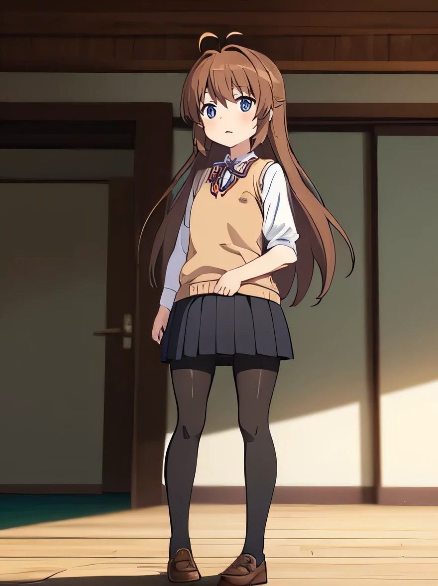 (masterpiece, top quality), EXTREMELY detailed CG Unity 8k wallpaper, high definition, bold composition, masterpiece, best quality, amazing quality, very aesthetic, high resolution, ultra-detailed, absurdres, newest, scenery, depth of field, lighting , artistic composition screencap, flat anime, 1 girl, view from front, nonkomari, dwarf, little_girl, , school_uniform, sweater vest, neck ribbon, brown_hair, long_hair, green_eyes, blush, antenna_hair, bangs, black pantyhose, full body, stocky legs, inside abandoned, Lift up skirt, panties