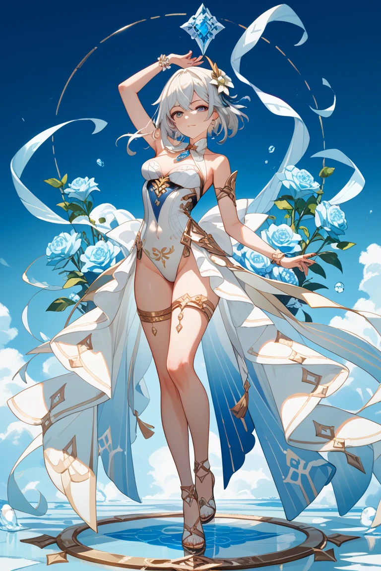 A goddess of love in her small garden, She is surrounded by beautiful flowers, Little angels and fairies accompany her. Su mirada revisa la dulzura, Se viste de forma luminosa y vaporosa. Su cuerpo es esbelto y espectacular. ((pechos grandes)) (cuerpo fitness)