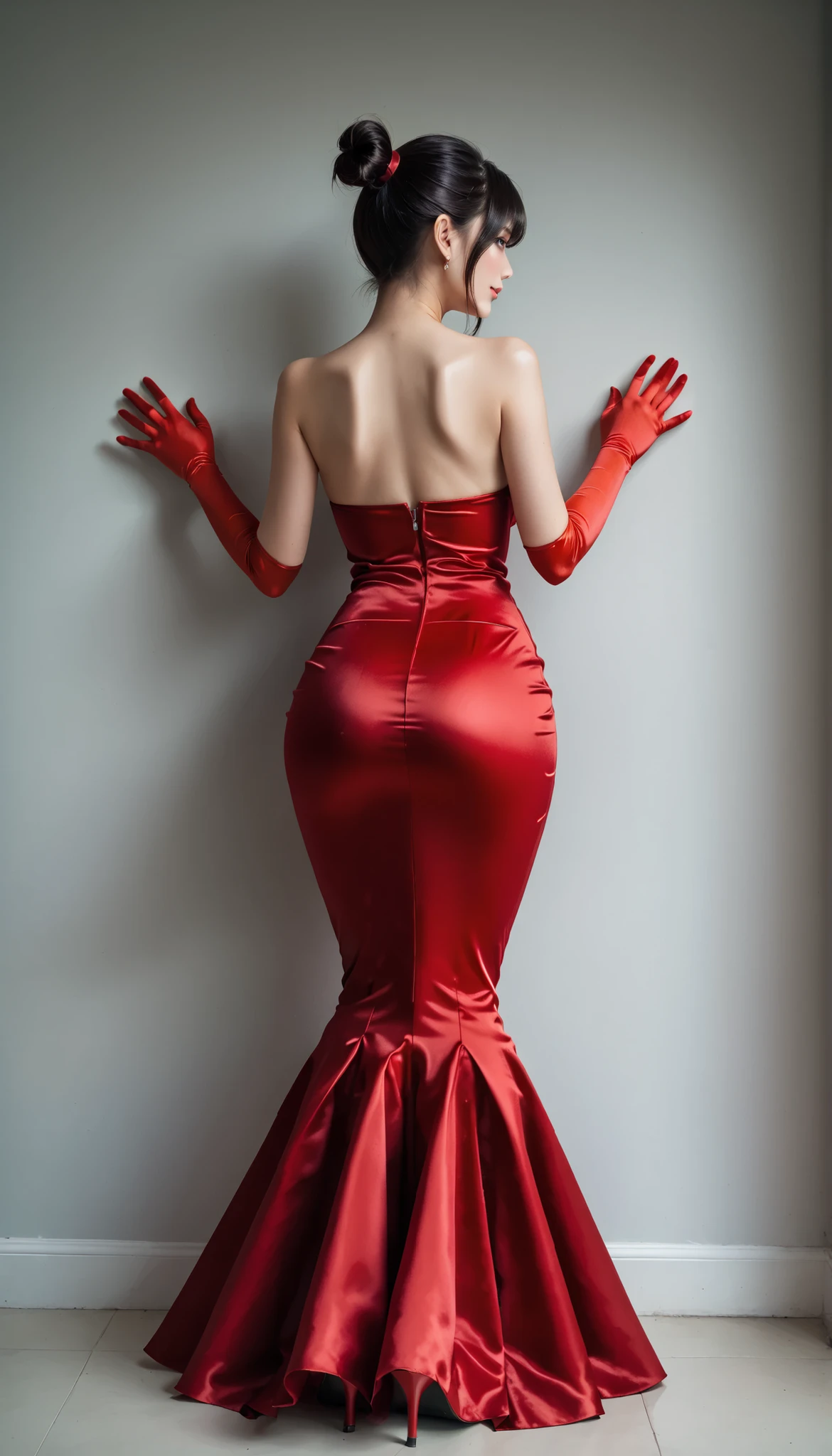 high resolution , 32K, masterpiece , top quality , beautiful face and eyes with great attention to detail , beautiful Japanese woman , Big Breasts, black hair, short hair ponytail, enchanting smile,(red tube top bodycon long dress:1.2),(red mermaid line long skirt:1.2),(red opera gloves:1.2), red high heels,Garter Stockings,(putting hands on the wall showing your back:1.5),( Point your butt towards you:1.5),(focusing on the whole body:1.5),beautiful back,Leaning forward in a mid-waist position