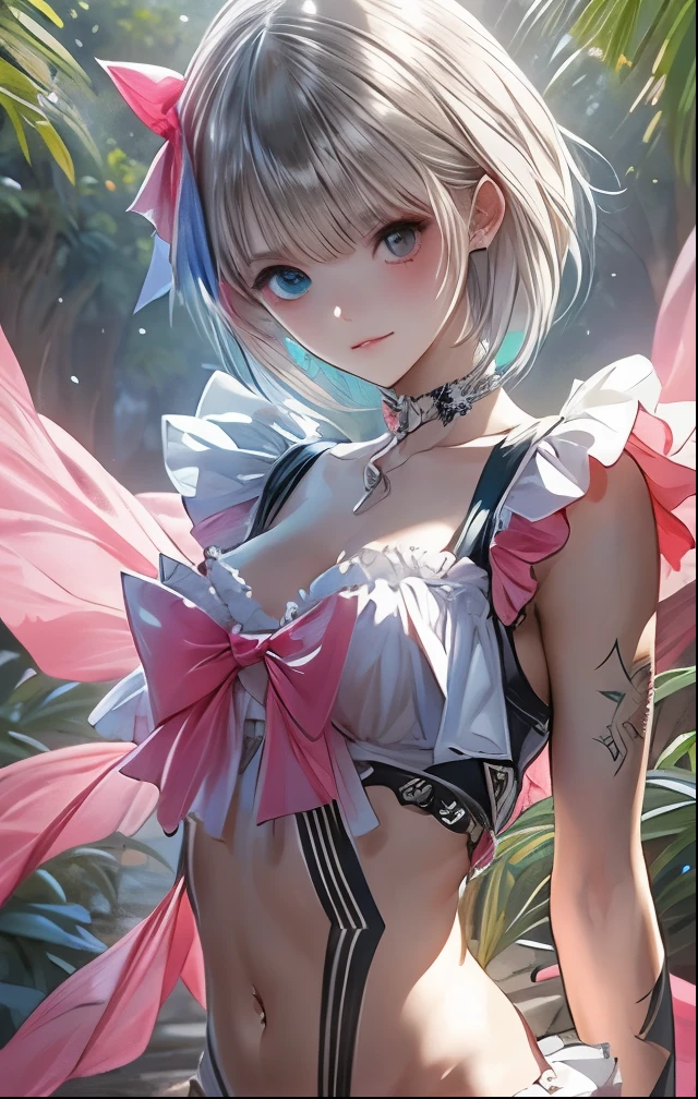 (((SFW、Highest quality、 first class masterpiece 、 Normal Body 、32k、 Detailed Faces 、super precise、 normal hand、5refer to、Highest)))Shirai Hinako、Magical Girl、Silver-white hair、bob cut、odd-eye、Heterochromia、Glowing Hair、beautiful breasts、Slender、 slim、Petite、 can be used、masochist、(((chain slave iron collar with lead:1.3)))、(((heavy metal collar)))、chain-underwear 、 Navel Exposure 、embarrassed blush、Deep in the jungle、Captured by aborigines、has a sexual heart tattoo engraved on the navel、Pleasure face、 Prodigal Face、Slave-appropriate collar、A lot of chains、racy high-leg costume with a sexual heart tattoo engraved on the navel