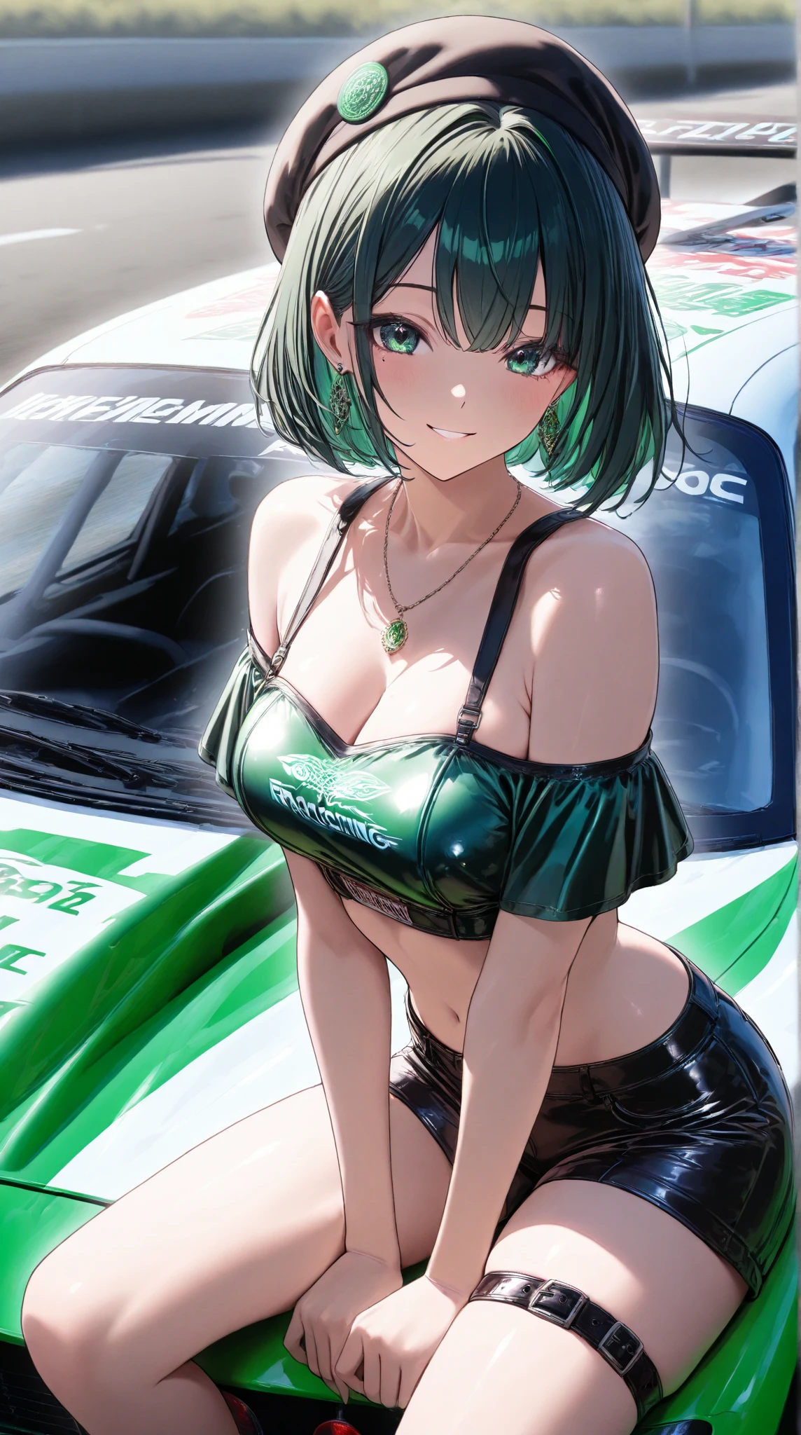 1girl, large breasts, breasts, thick thighs, wide hips, green hair, very short hair, short hair, yellow eyes, bikini, black bikini, neon trim, green neon trim, smile, smirk, smug, futuristic, science-fiction, tech, shoes, sneakers, green neon trim, green trim, v-string, race queen, car, sports car, sport car, motor vehicle