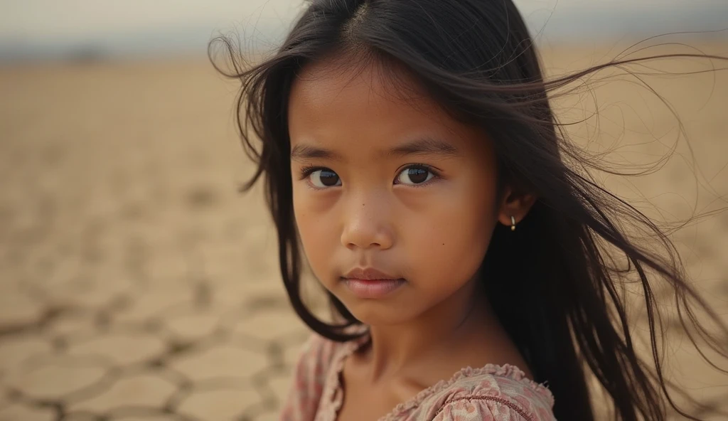 Generate a highly detailed and realistic image of a 10 years old girl girl from Madagascar. The girl should have authentic Madagascar features, including hair, skin, and face. Desert background. Hyper-realistic