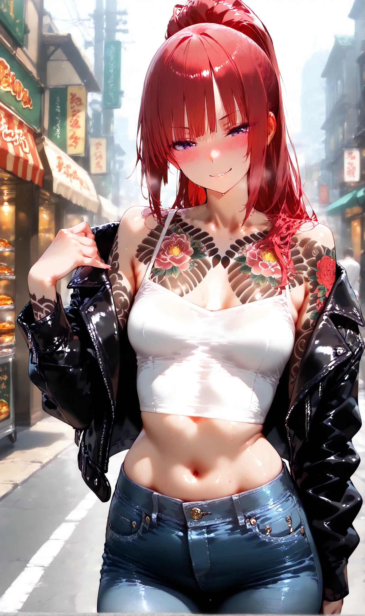 1 girl, alone, high resolution, masterpiece, best quality, detailed CG, detailed face, detailed skin, small breasts, purple eyes, red hair, long hair, high ponytail, bangs with a tuft, blush, bright, yakuza tattoos, arm tattoo, full-body tattoo, chest tattoo, sexy cropped top, leather jacket, bare shoulders, open jacket, ripped jeans, street, Shanghai, street food, food stalls, sexy pose, sexy, horny, smirk