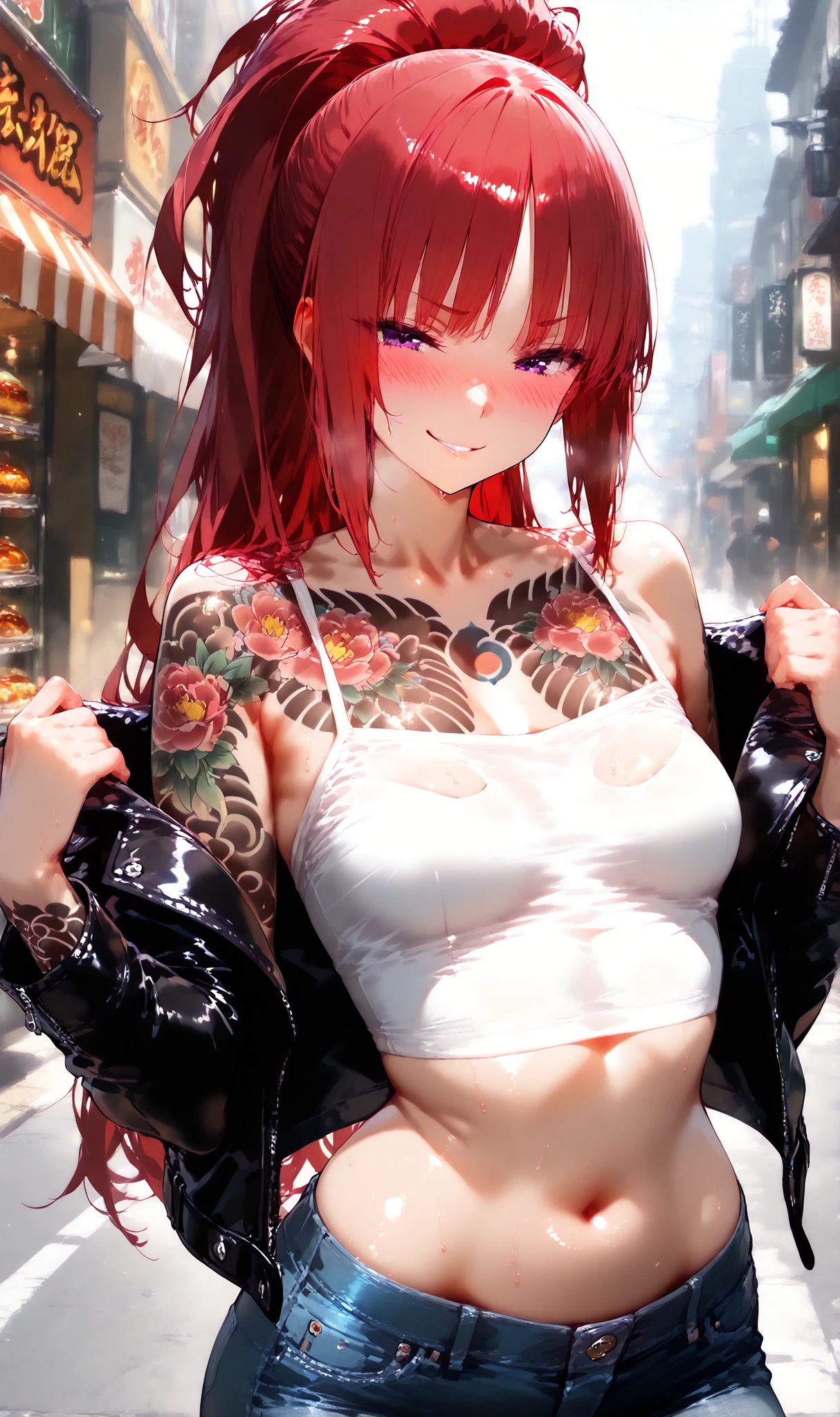1 girl, alone, high resolution, masterpiece, best quality, detailed CG, detailed face, detailed skin, small breasts, purple eyes, red hair, long hair, high ponytail, bangs with a tuft, blush, bright, yakuza tattoos, arm tattoo, full-body tattoo, chest tattoo, sexy cropped top, leather jacket, bare shoulders, open jacket, ripped jeans, street, Shanghai, street food, food stalls, sexy pose, sexy, horny, smirk