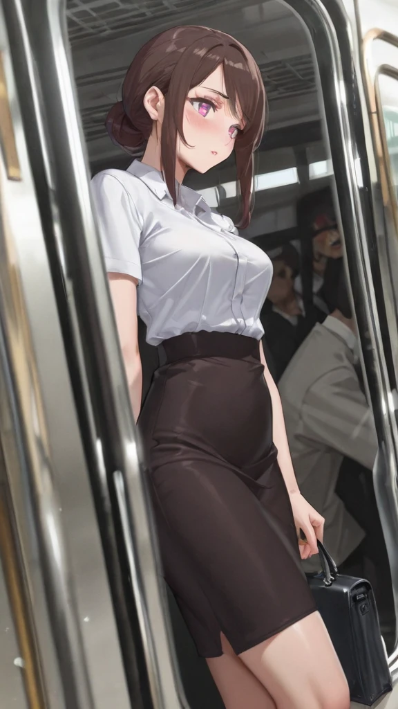 (Browsing Caution:1.3), ((masterpiece)), ((Highest quality)), (Very detailedな), ((cute)), cute, (Lovely), ((sexy)), (device), ((Very detailed)), 4K, (8k), Highest quality, (beautiful), Anime Style, Genuineistic, Genuine, Dynamic Angle, ((1 Girl, alone, cute girl)), ((Office Lady Suits)), ((hyper cute face)), beautiful light brown hair, beautiful black eyes, ((beautiful eyes)), Large Breasts, Embarrassing, blush, ,Hold on to the railing of a train,Underarm, (Underarmを見せる:1.3),(avert your eyes:1.4), (Inside the train:1.3),(Crowded train:1.3),
Upper Body,(White shirt:1.5),
,Alternative Breast Size, Grab your chest, (boy,Grab from behind:1.5)
,(Frowning:1.2), (Embarrassing,blush:1.2),(A face stunned with despair:1.1),Sweat,(anger:1.2)