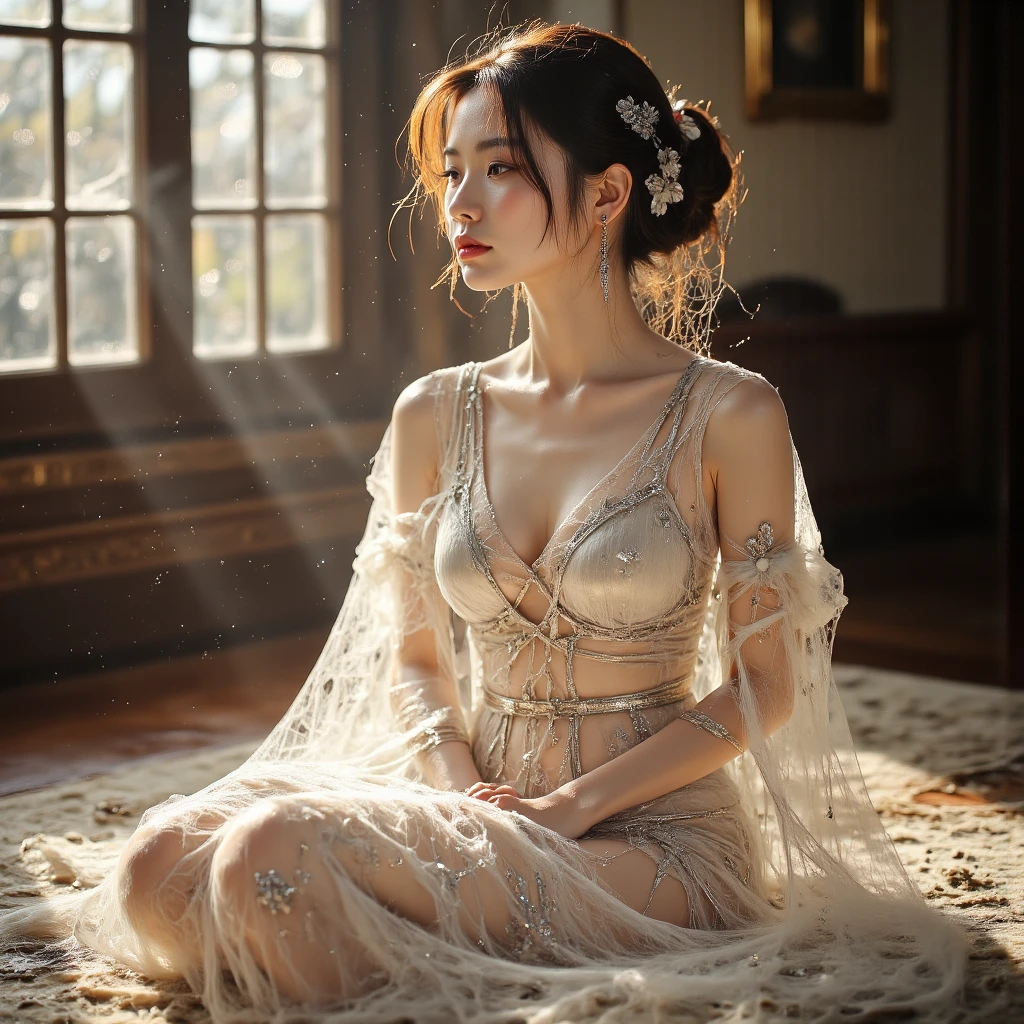 (((nsfw))), (RAW Photos:1.2), (Realistic), Beautiful detailed girl, Very detailedな目と顔, Narrow and beautiful eyes, Large file size, High resolution, Very detailed, highest quality, [Tabletop:1.6], shape, Very detailed, The finer details, highest quality, 8k wallpaper, Cinema Lighting, 15-year-old girl, In a room where the blast is raging, The large window was broken by the blast., 神秘的なblue flowerを高くあげる, blue flowerから放たれたオーラが彼女を守る, In underwear,White bra visible, White panties are visible, Short Hair, Slender body, Young Face, Small breasts, Exposed underwear, Mysterious sight, blue flower, pink々Window Glass that has Become, A room destroyed by an explosion